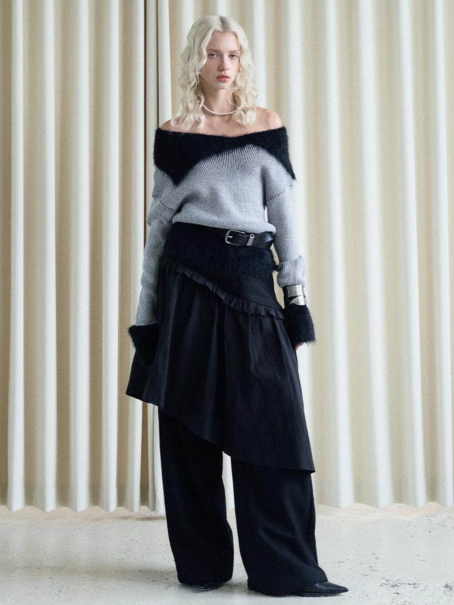 AnnoMundi Lazy Drape Long Hair Faux Mink Trimmed Knit Sweater
