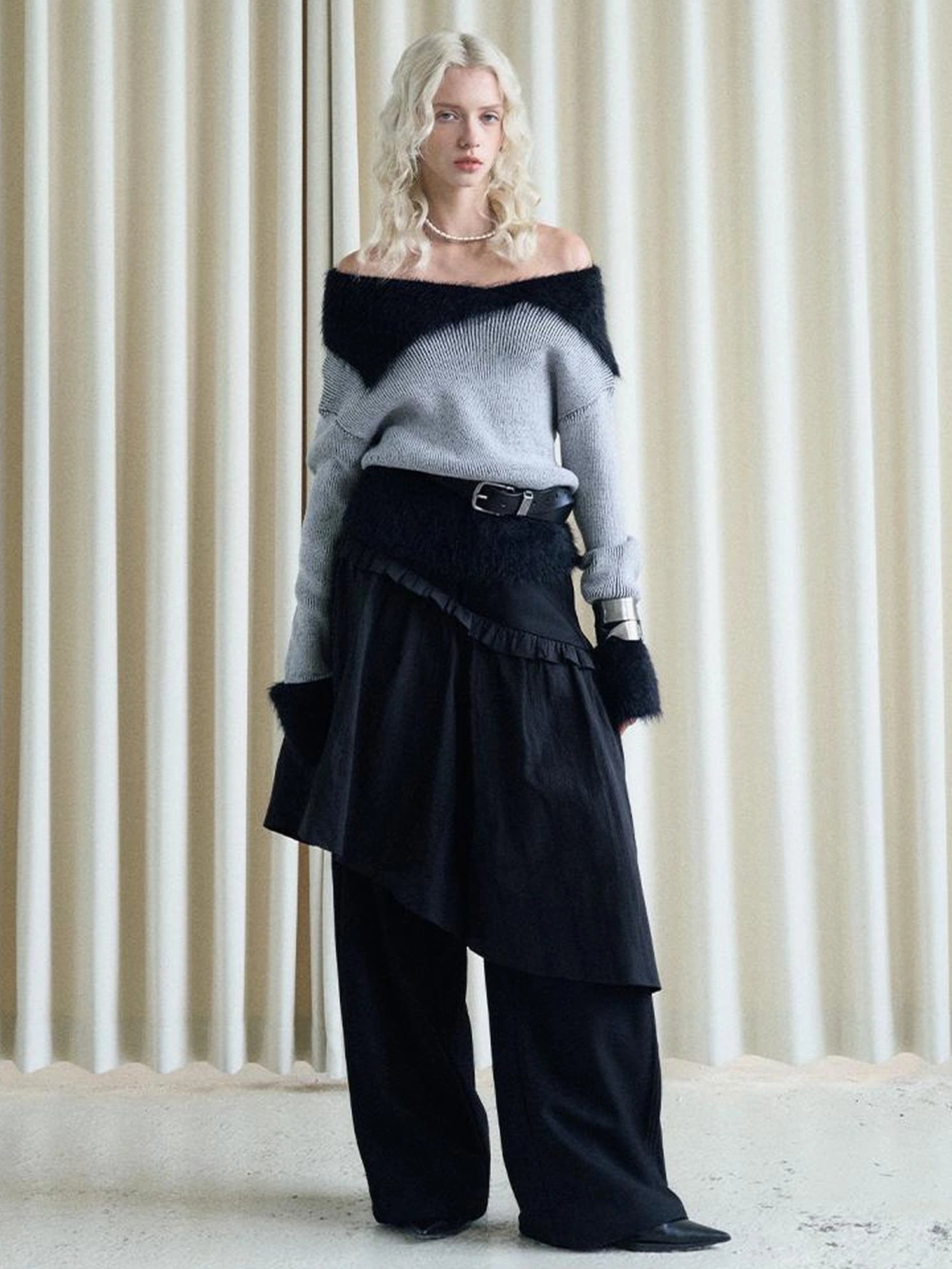 Lazy Drape Long Hair Faux Mink Trimmed Knit Sweater