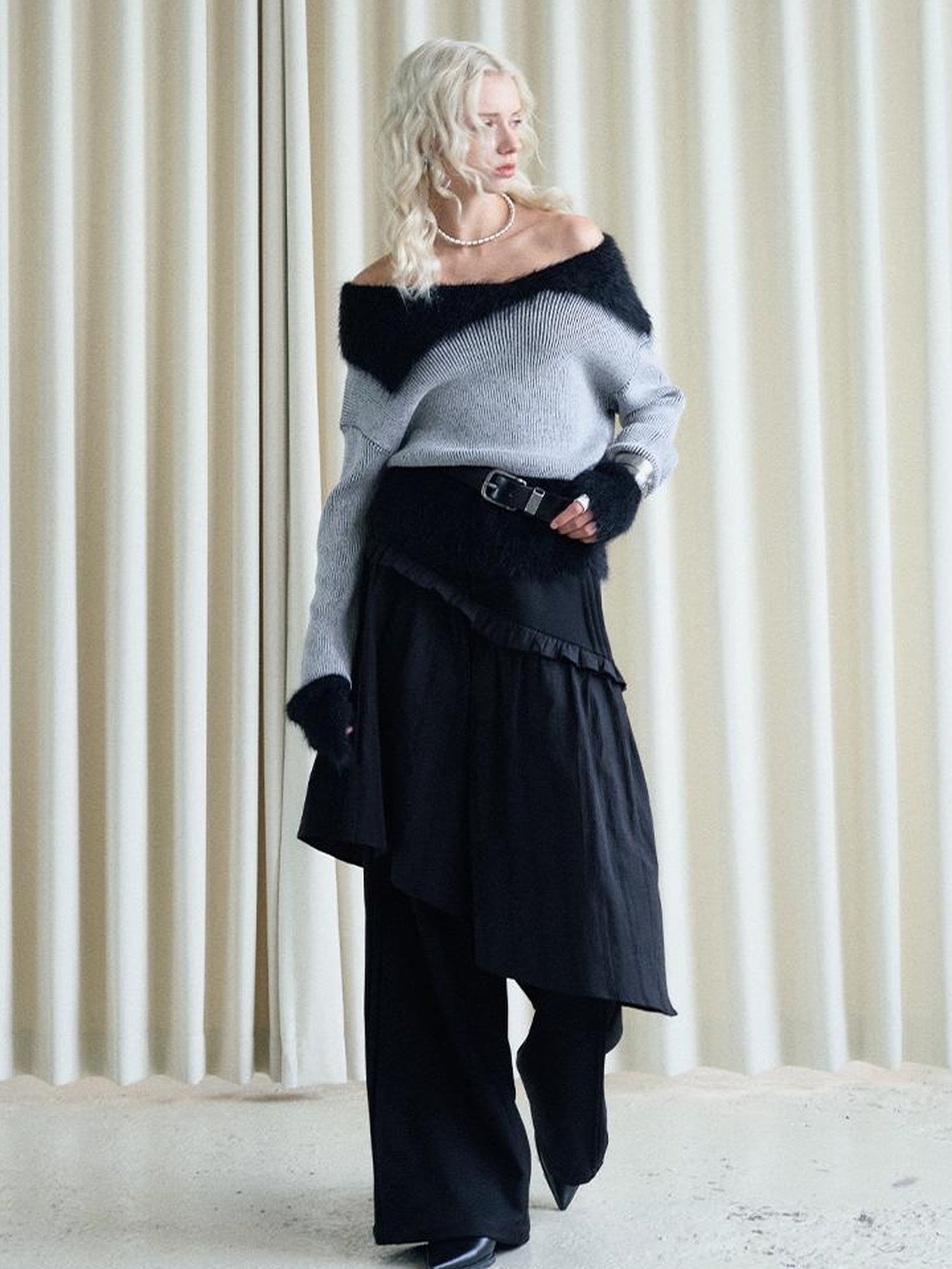 AnnoMundi Lazy Drape Long Hair Faux Mink Trimmed Knit Sweater