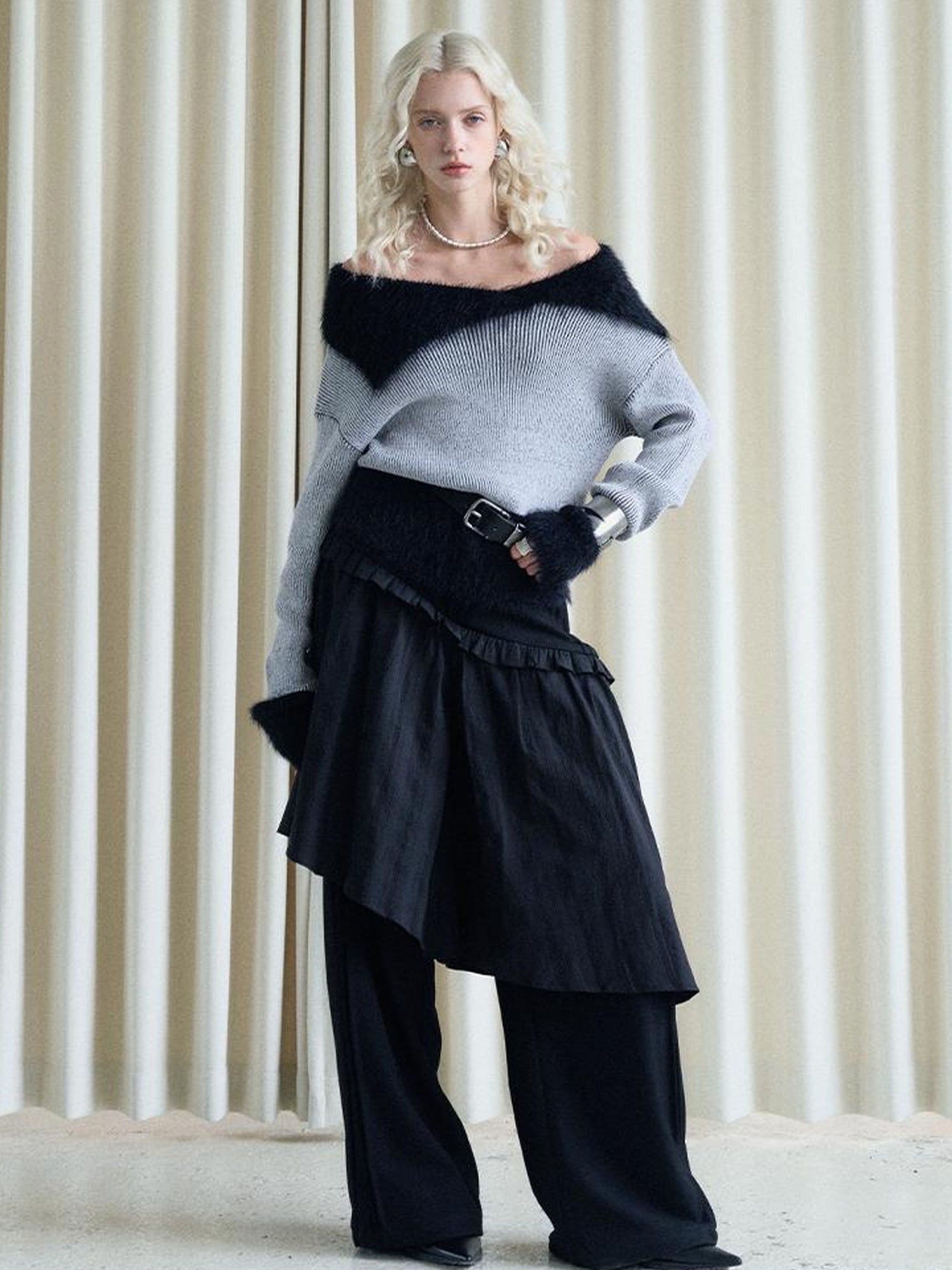 AnnoMundi Lazy Drape Long Hair Faux Mink Trimmed Knit Sweater