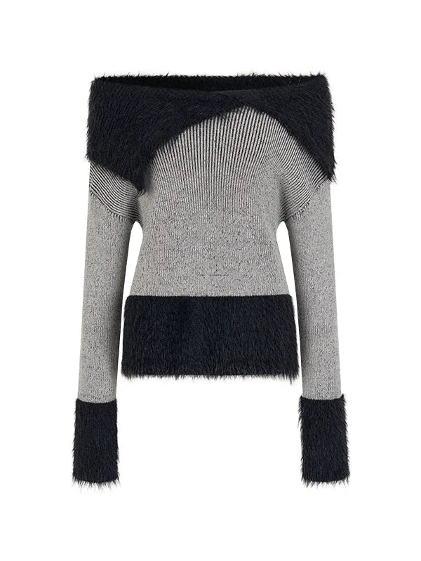 Lazy Drape Long Hair Faux Mink Trimmed Knit Sweater