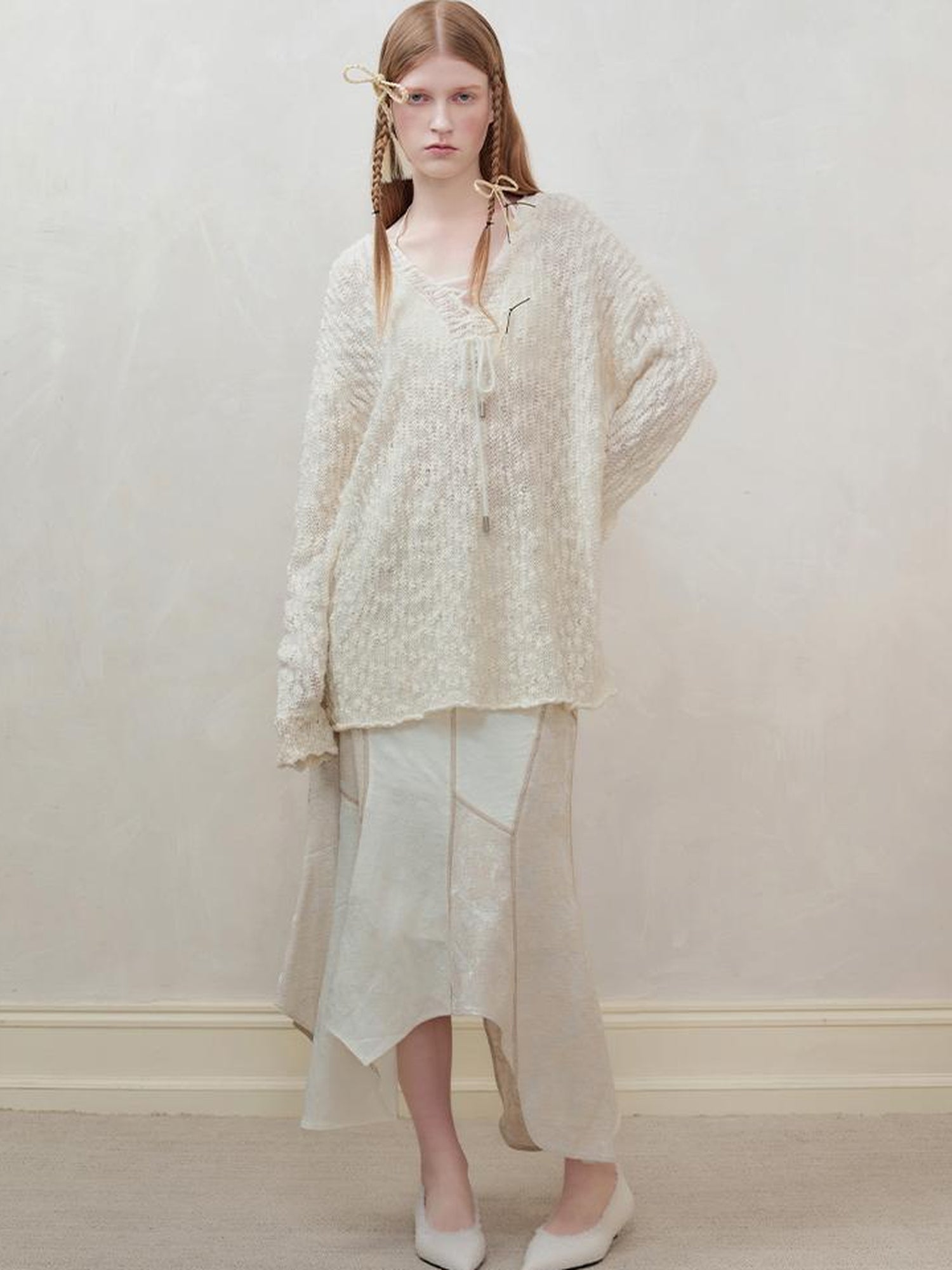 AnnoMundi Lazy Knit V-Neck Textured Cotton Top