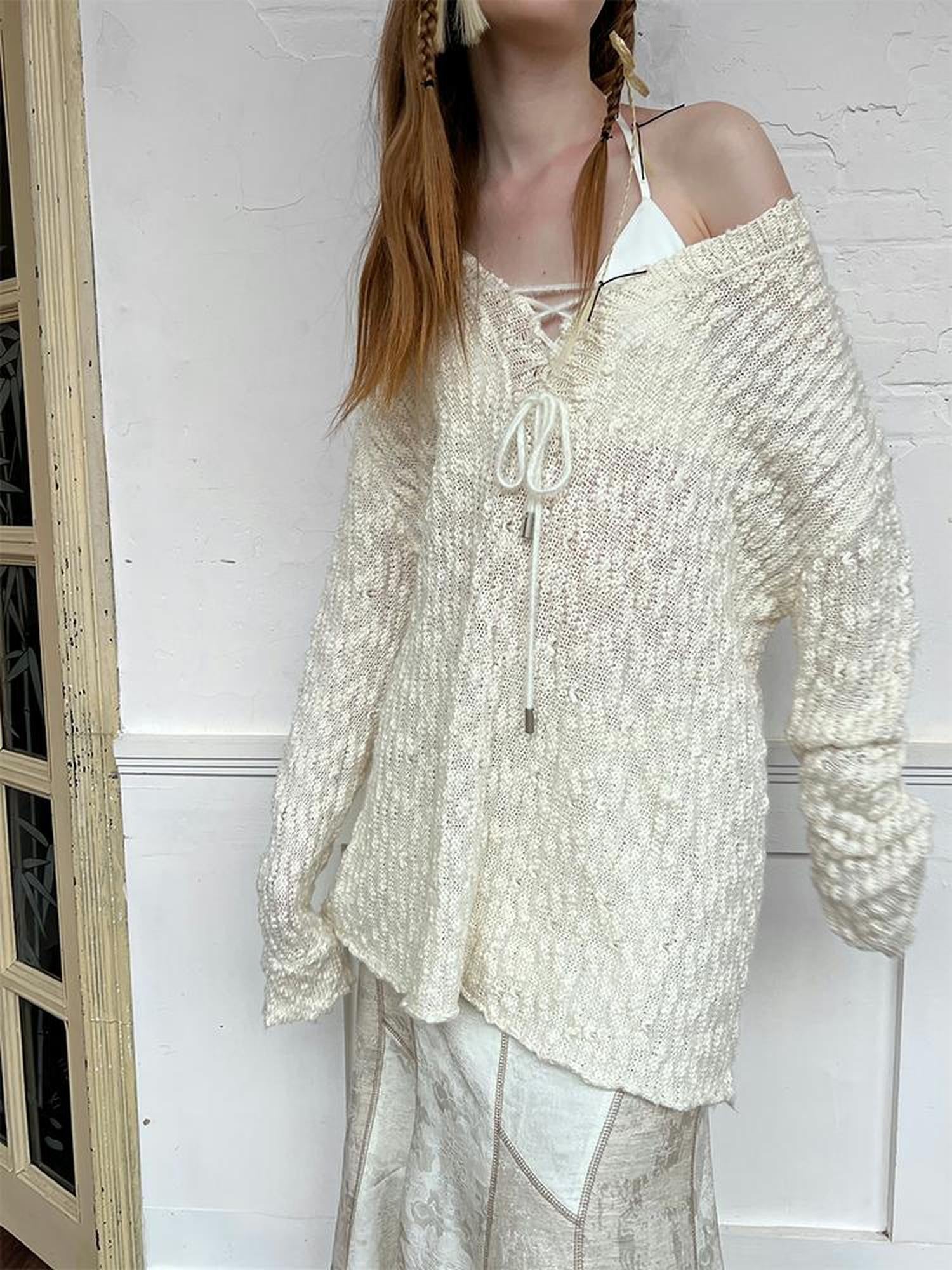 AnnoMundi Lazy Knit V-Neck Textured Cotton Top