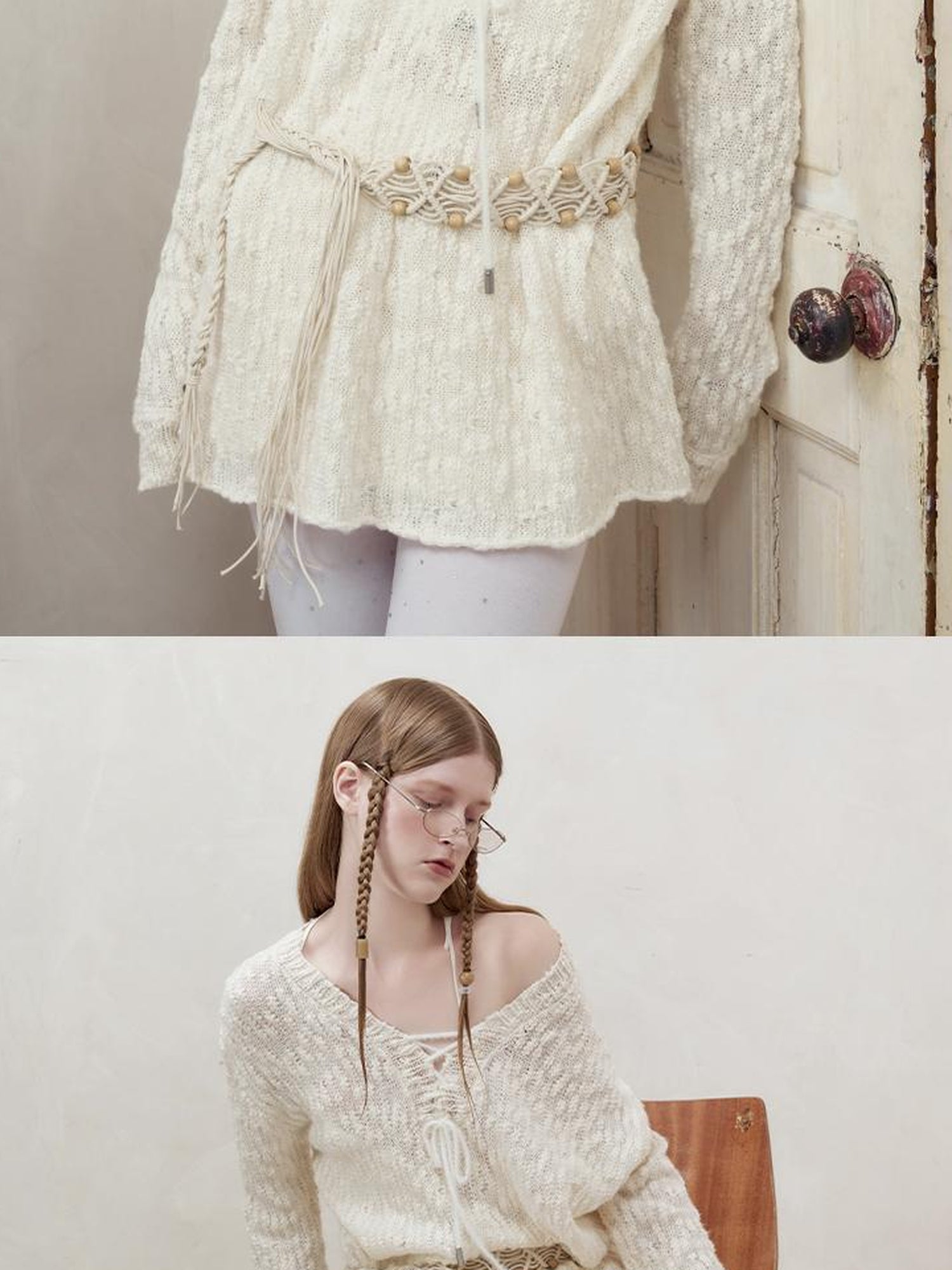 AnnoMundi Lazy Knit V-Neck Textured Cotton Top