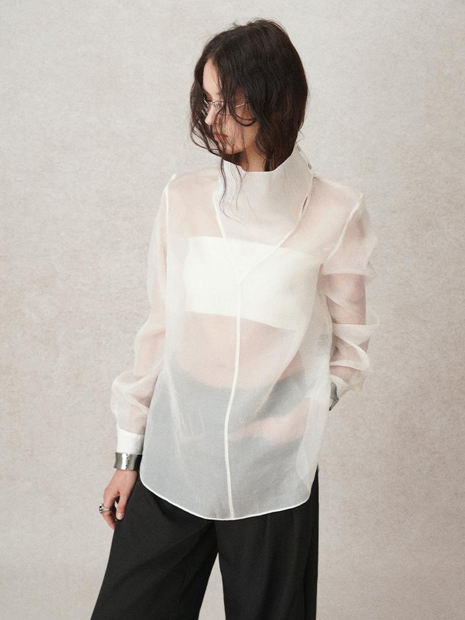 AnnoMundi Lightweight Silk Shirt French Style White Blouse V Neck T Shirt Long Sleeve