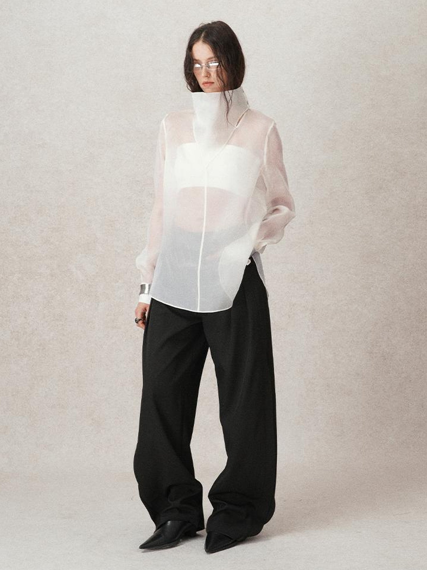 AnnoMundi Lightweight Silk Shirt French Style White Blouse V Neck T Shirt Long Sleeve