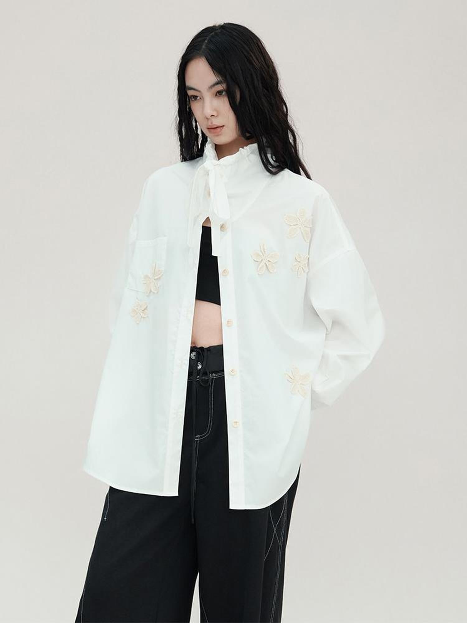 AnnoMundi Linen Crochet Lyocell Cotton Stand Up Collar Loose White Shirt