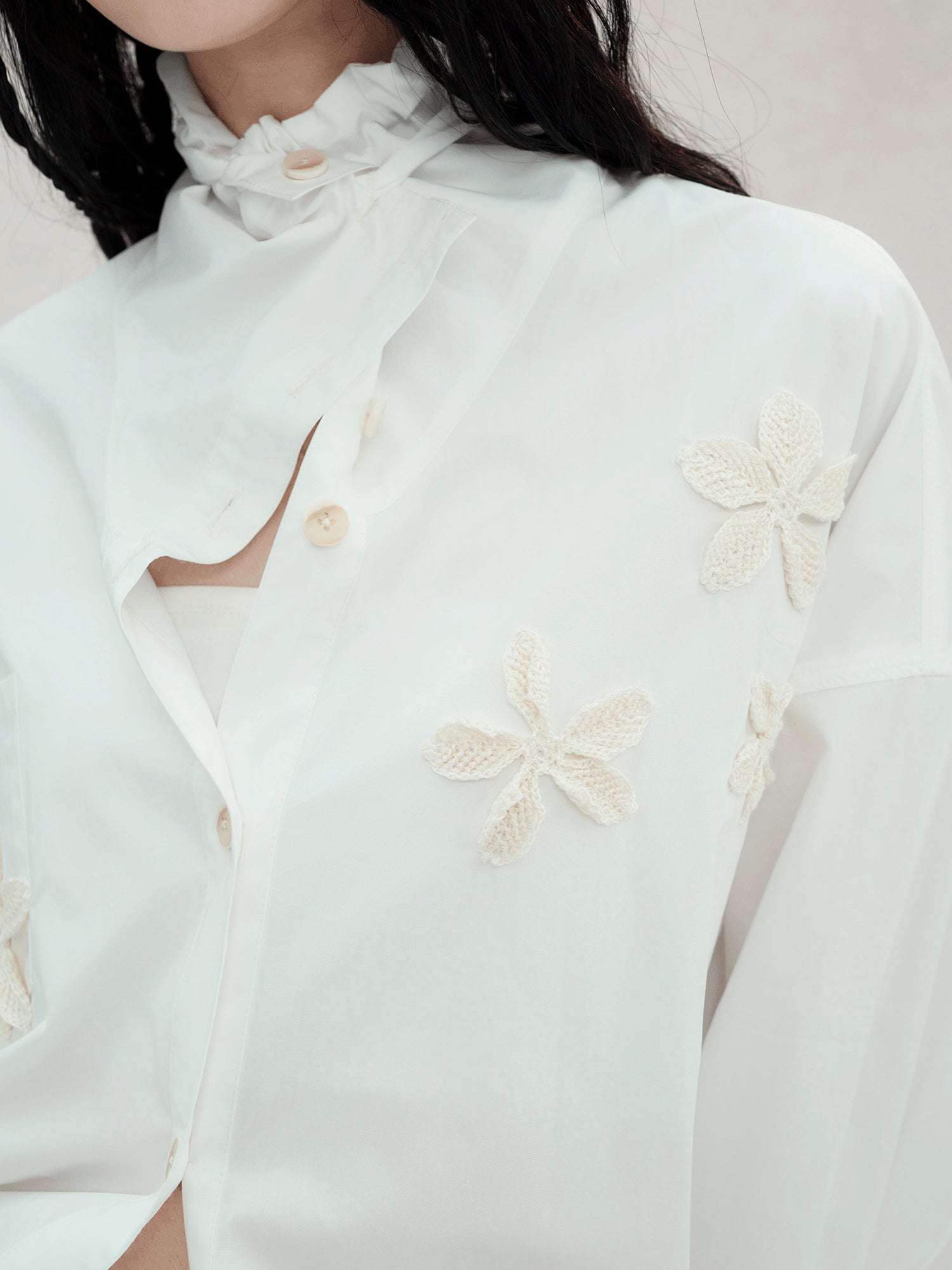 AnnoMundi Linen Crochet Lyocell Cotton Stand Up Collar Loose White Shirt