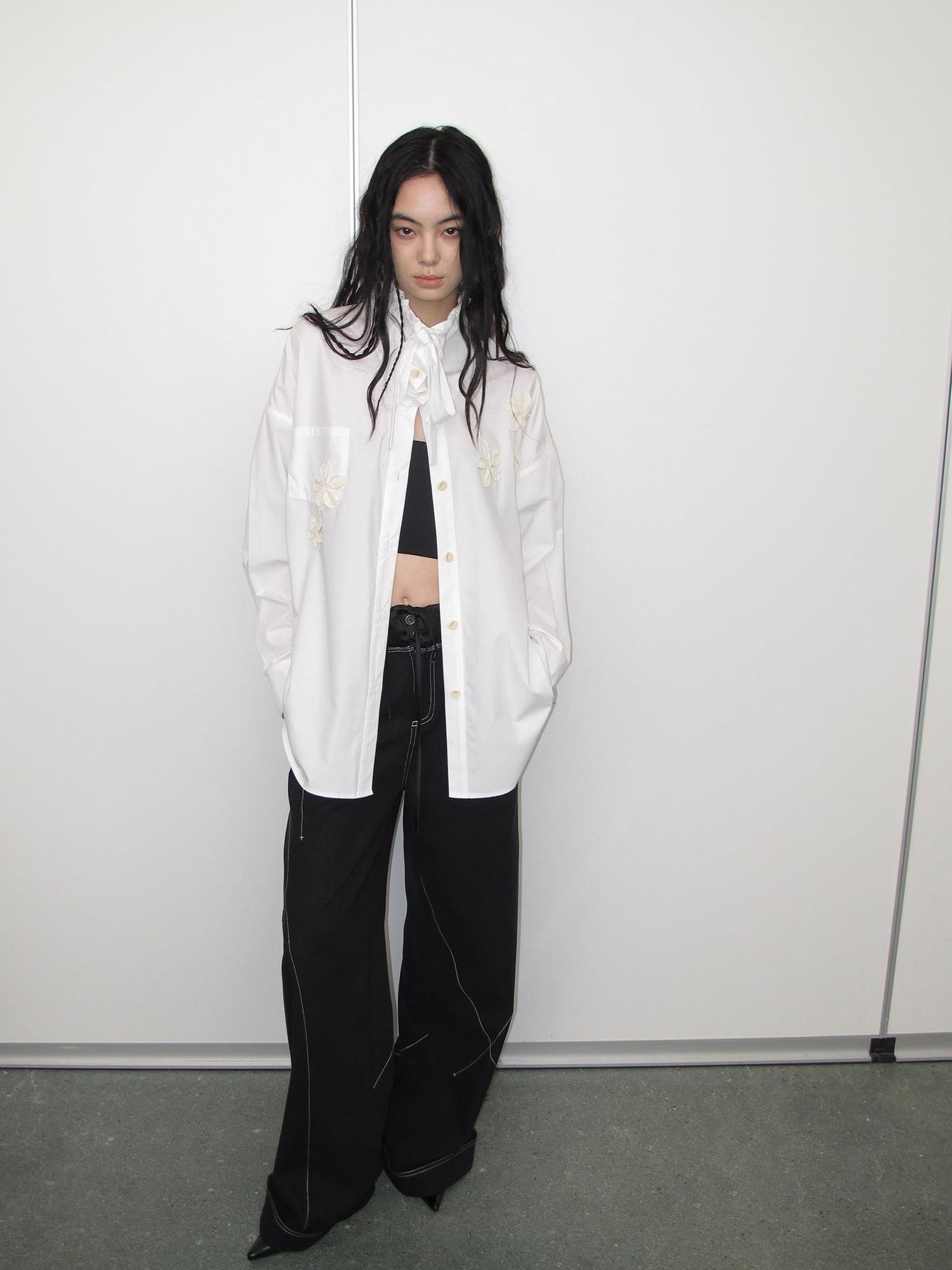 AnnoMundi Linen Crochet Lyocell Cotton Stand Up Collar Loose White Shirt