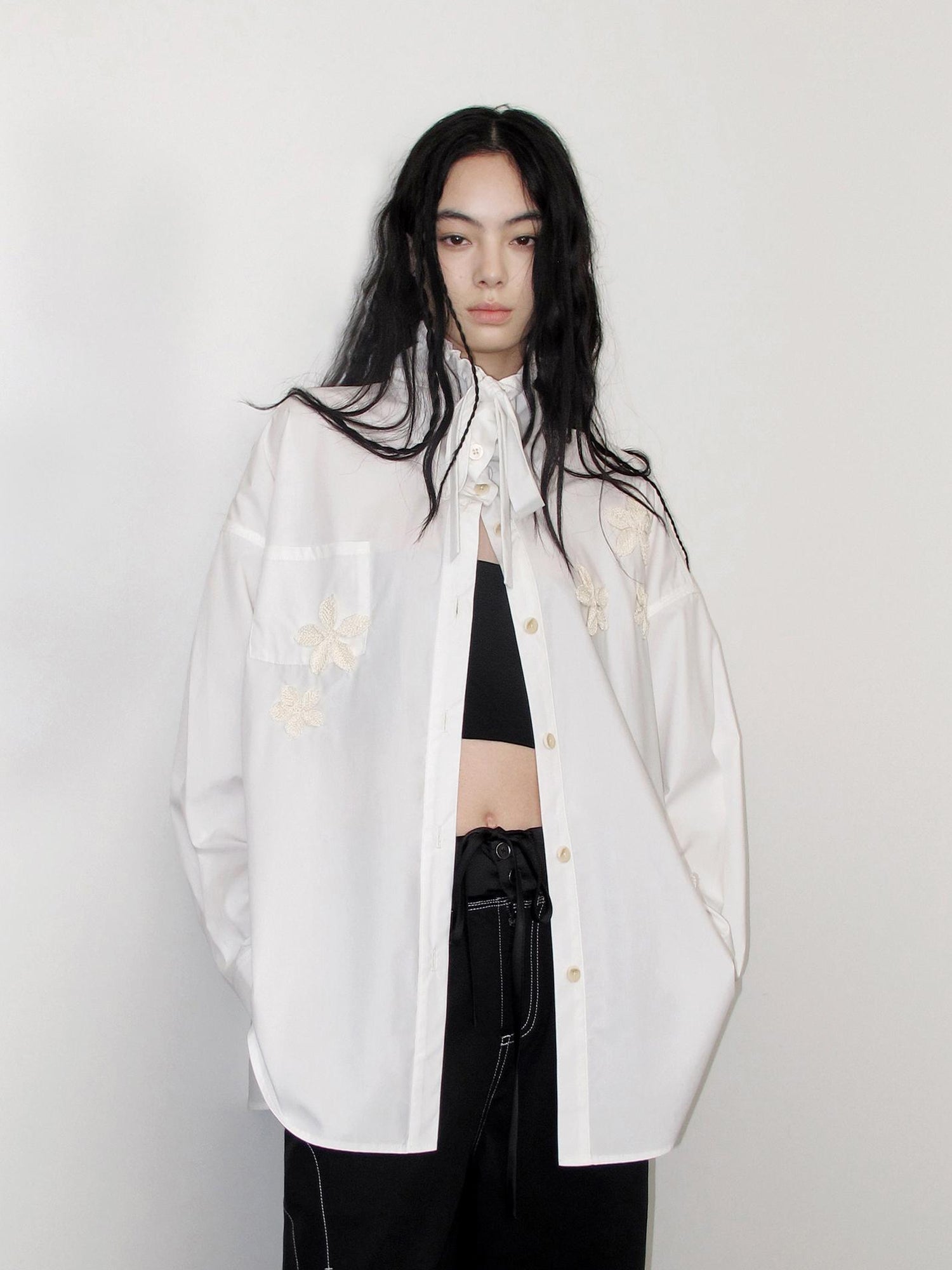 AnnoMundi Linen Crochet Lyocell Cotton Stand Up Collar Loose White Shirt