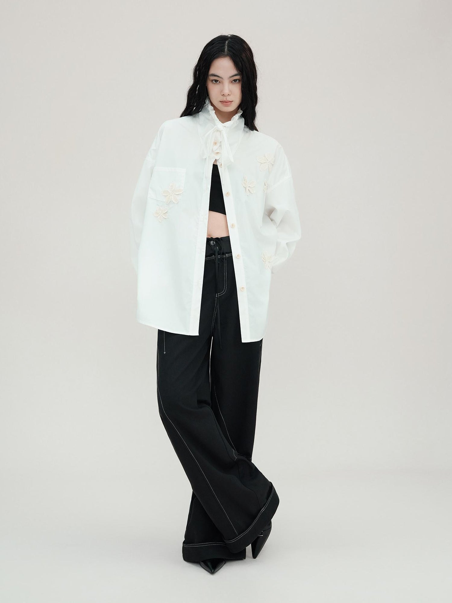 AnnoMundi Linen Crochet Lyocell Cotton Stand Up Collar Loose White Shirt