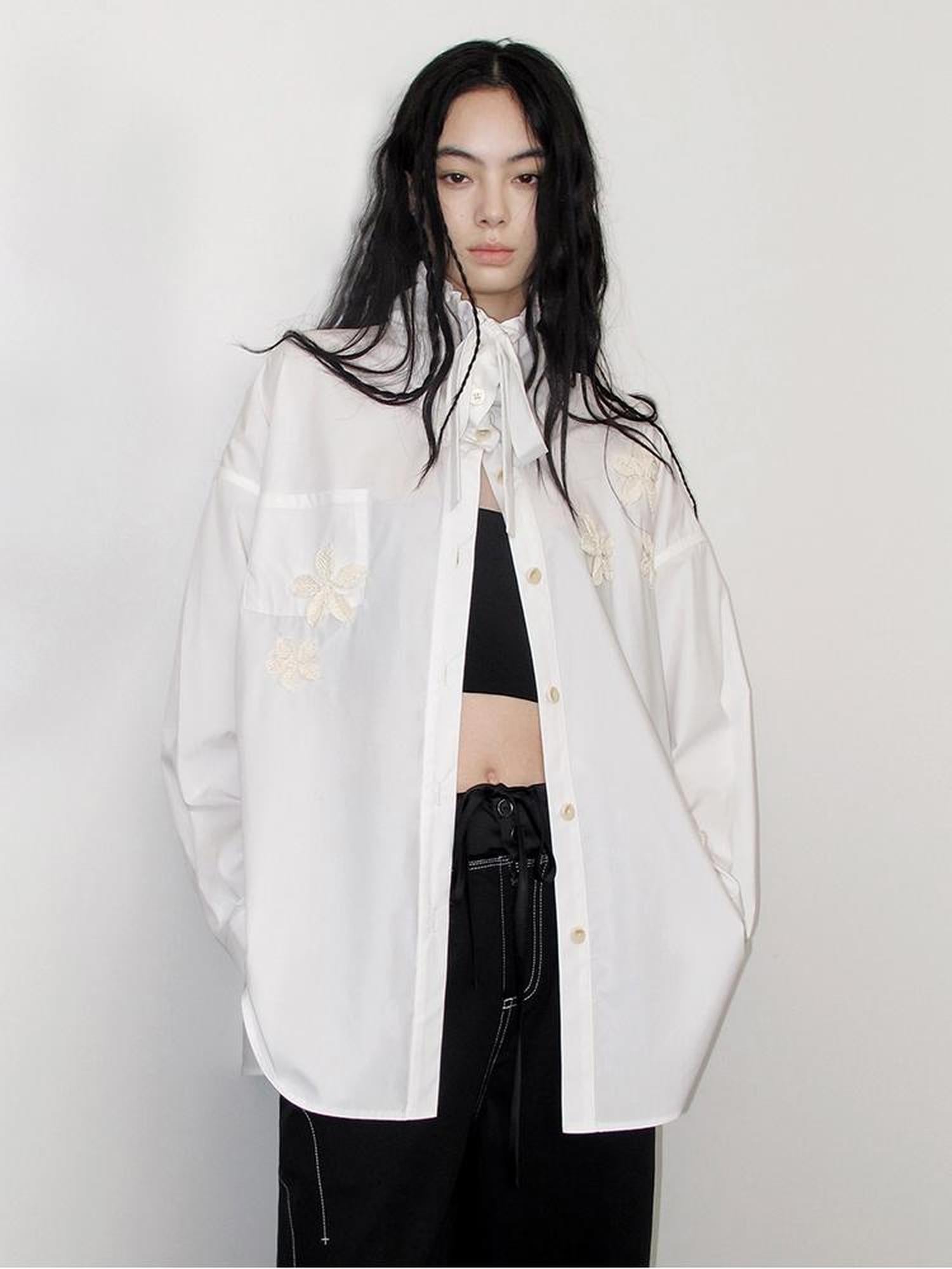 AnnoMundi Linen Crochet Lyocell Cotton Stand Up Collar Loose White Shirt