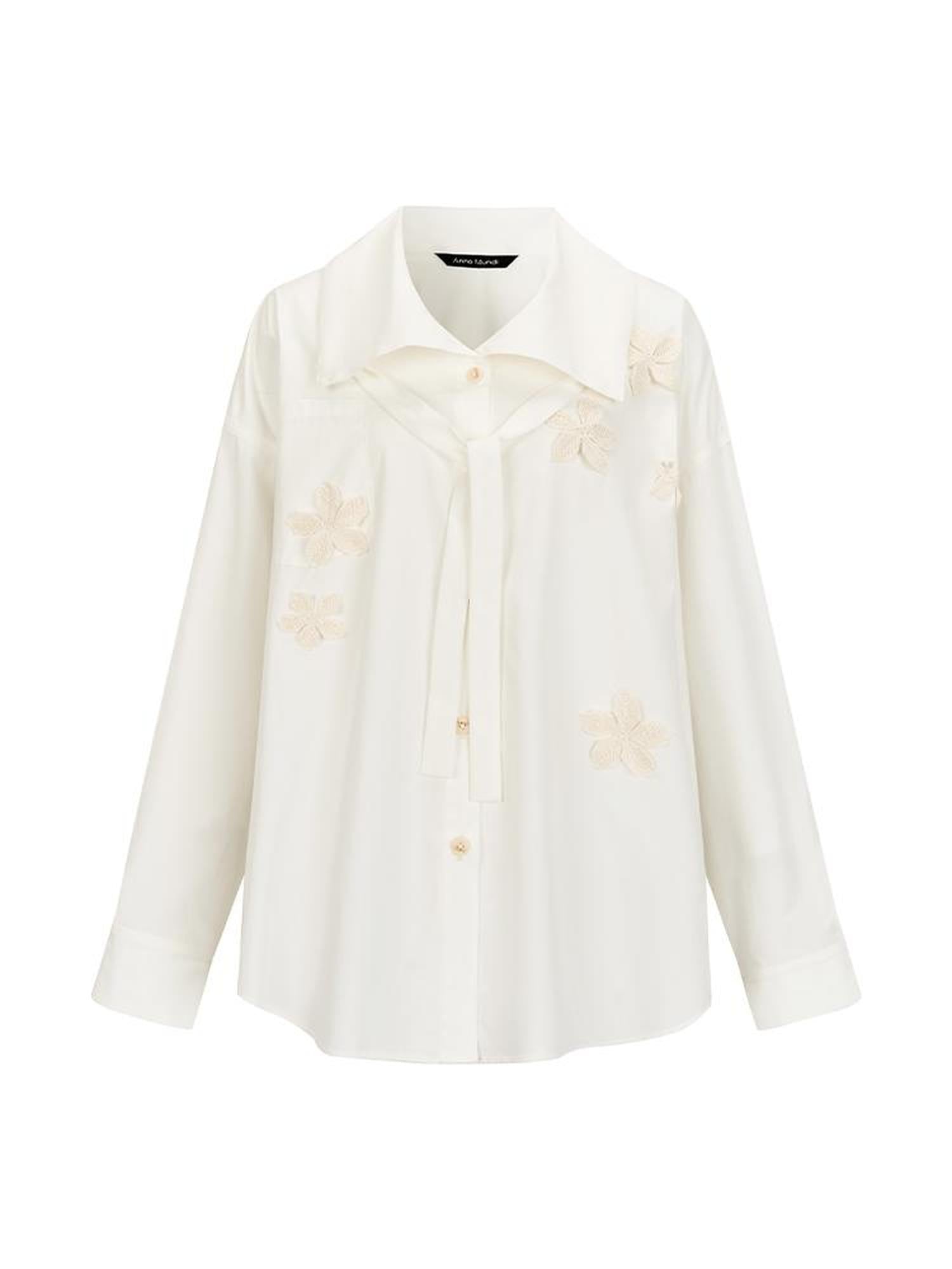 AnnoMundi Linen Crochet Lyocell Cotton Stand Up Collar Loose White Shirt