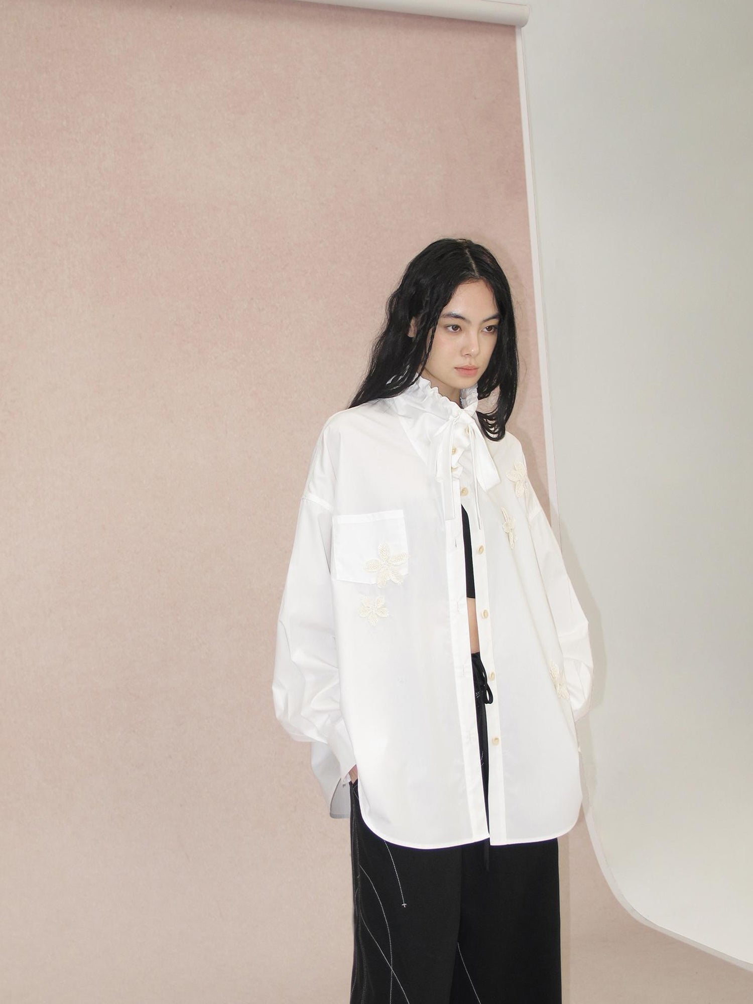 AnnoMundi Linen Crochet Lyocell Cotton Stand Up Collar Loose White Shirt