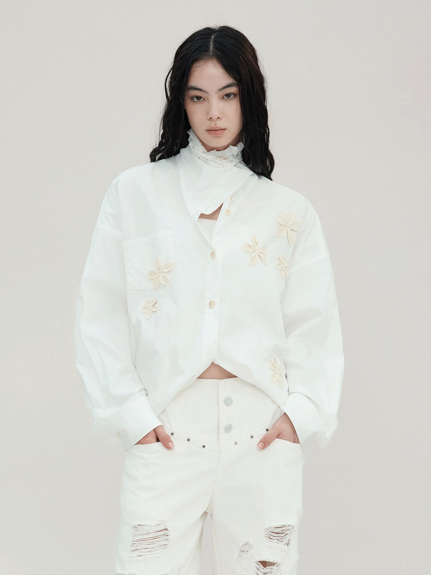 AnnoMundi Linen Crochet Lyocell Cotton Stand Up Collar Loose White Shirt