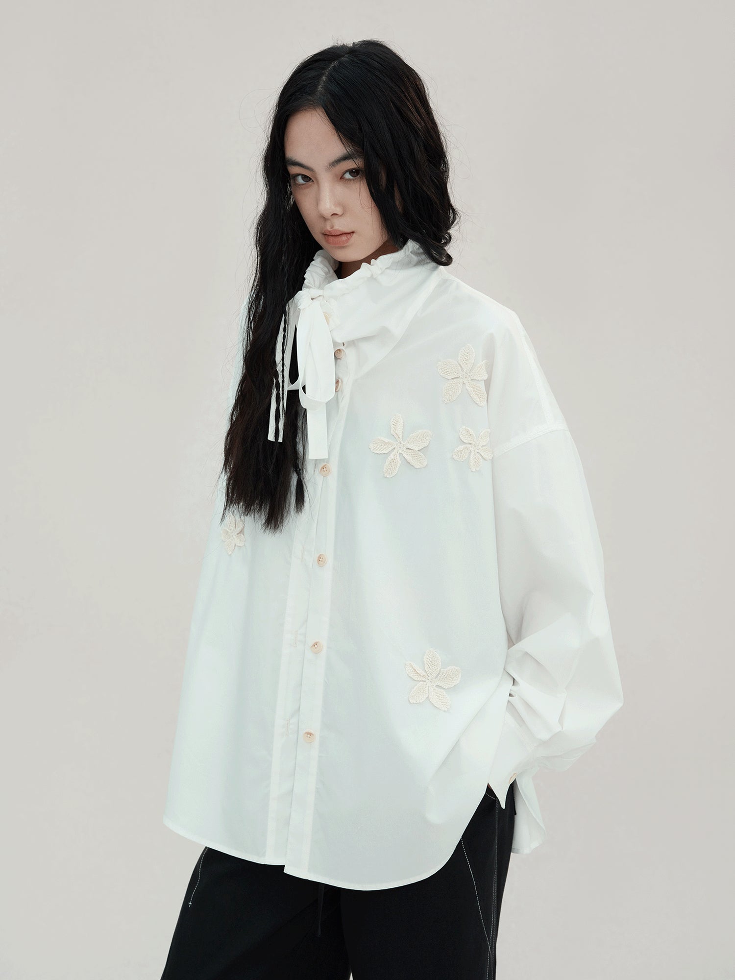 AnnoMundi Linen Crochet Lyocell Cotton Stand Up Collar Loose White Shirt