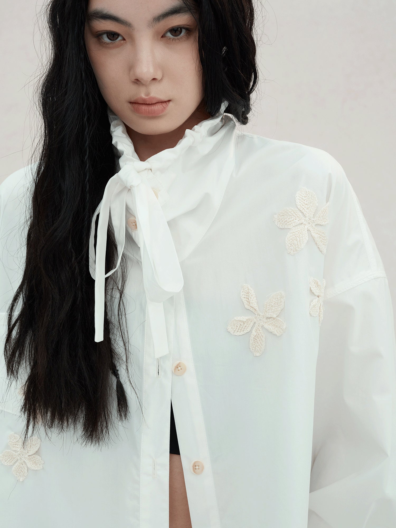 AnnoMundi Linen Crochet Lyocell Cotton Stand Up Collar Loose White Shirt