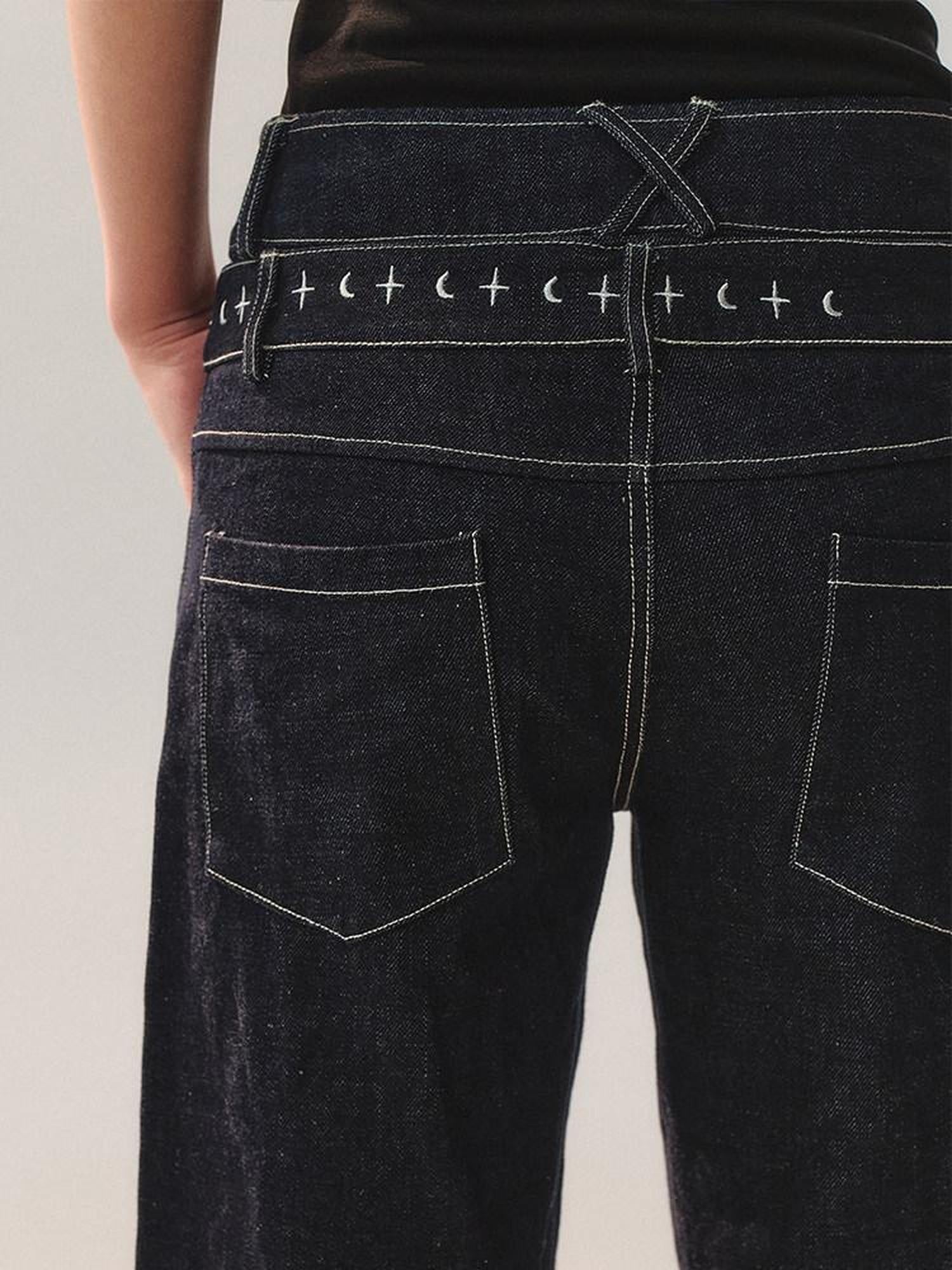 AnnoMundi Machine Embroidered Natural Waist Patchwork Women Cotton Stretch Straight Jeans