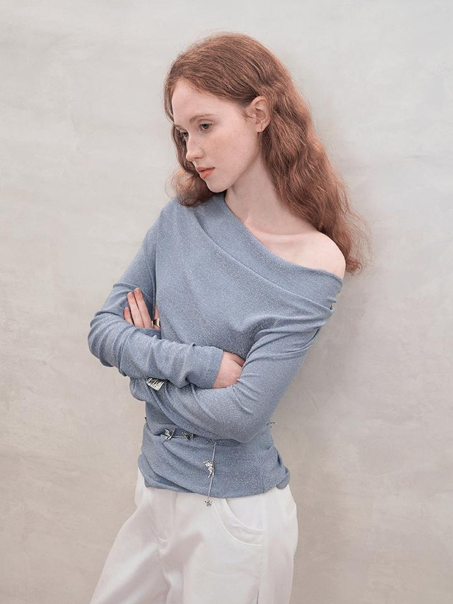 AnnoMundi Metallic Glitter Knit Top V Neck T Shirt Long Sleeve