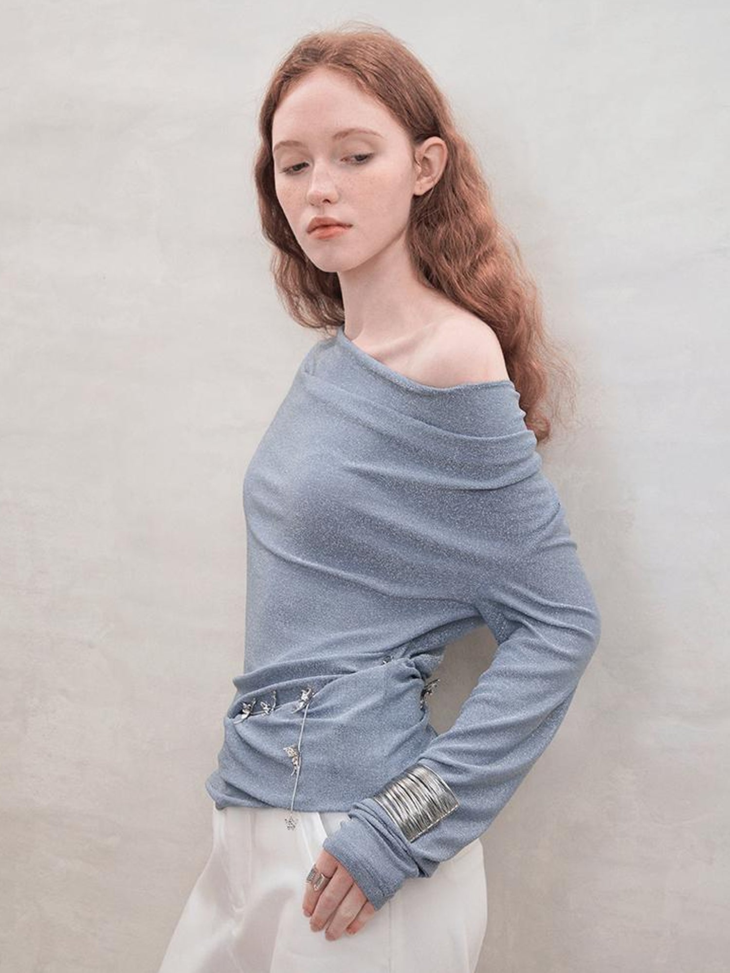 AnnoMundi Metallic Glitter Knit Top V Neck T Shirt Long Sleeve