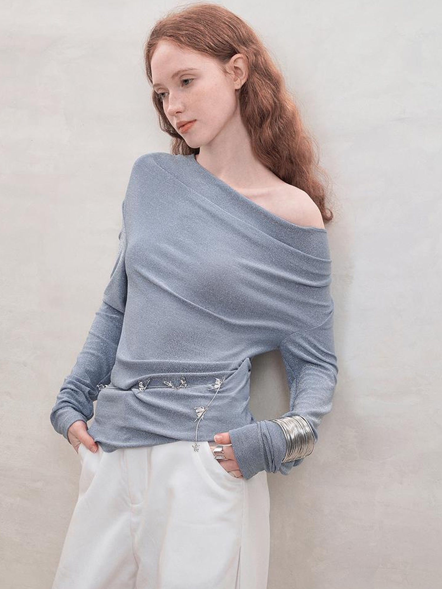 AnnoMundi Metallic Glitter Knit Top V Neck T Shirt Long Sleeve