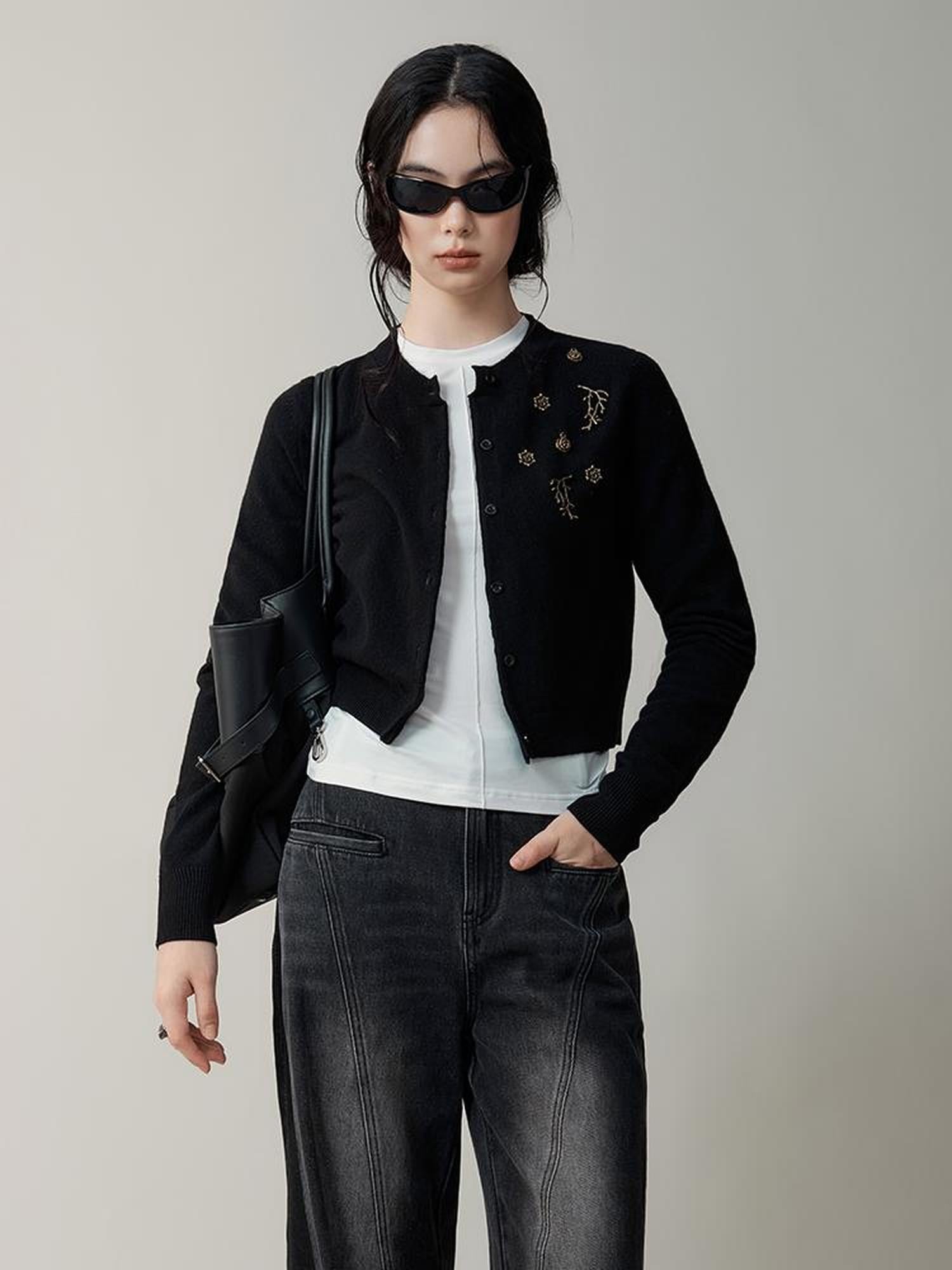 AnnoMundi Metallic Rose Wool Cardigan Asymmetrical Hem