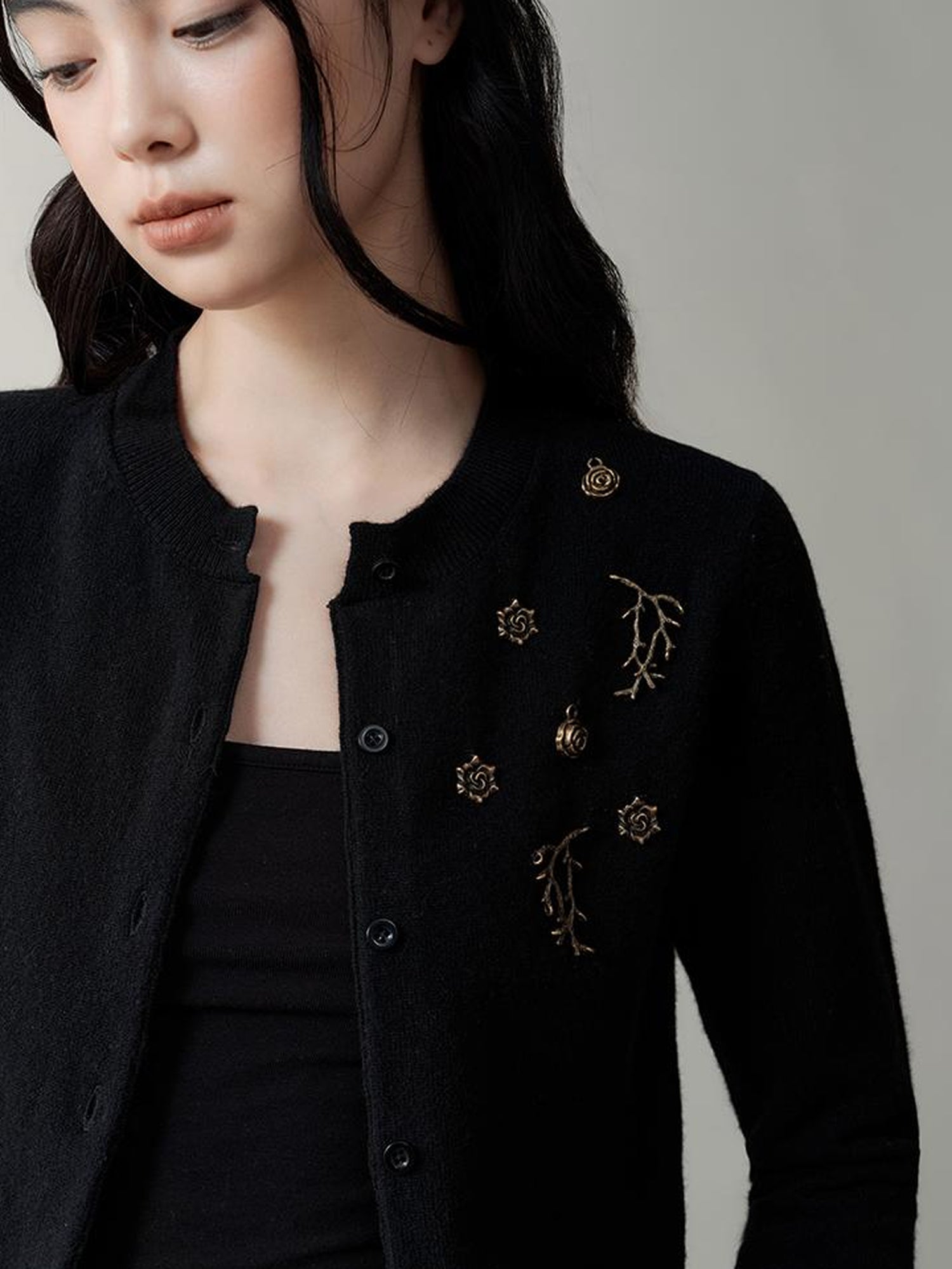 AnnoMundi Metallic Rose Wool Cardigan Asymmetrical Hem