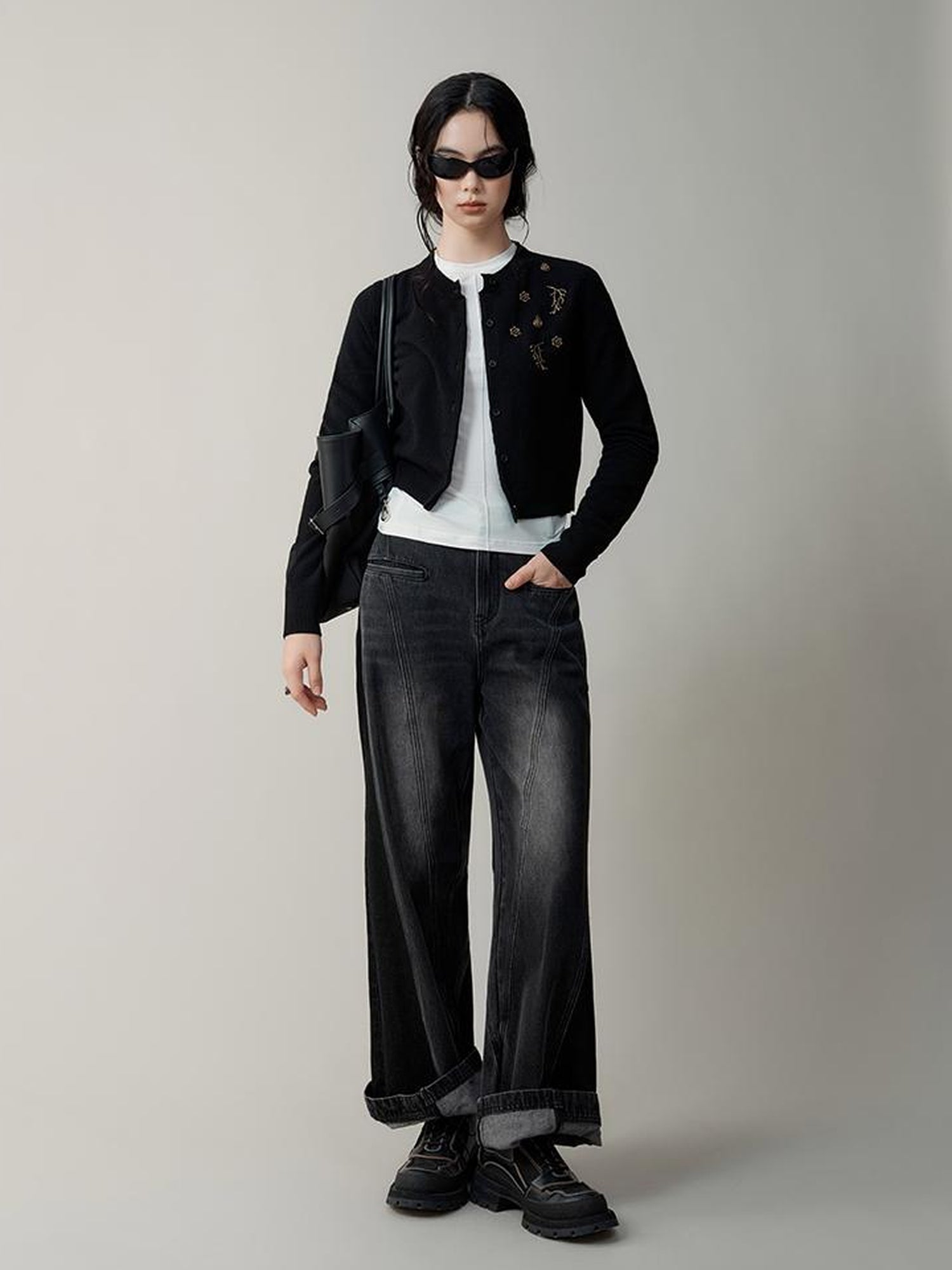 AnnoMundi Metallic Rose Wool Cardigan Asymmetrical Hem