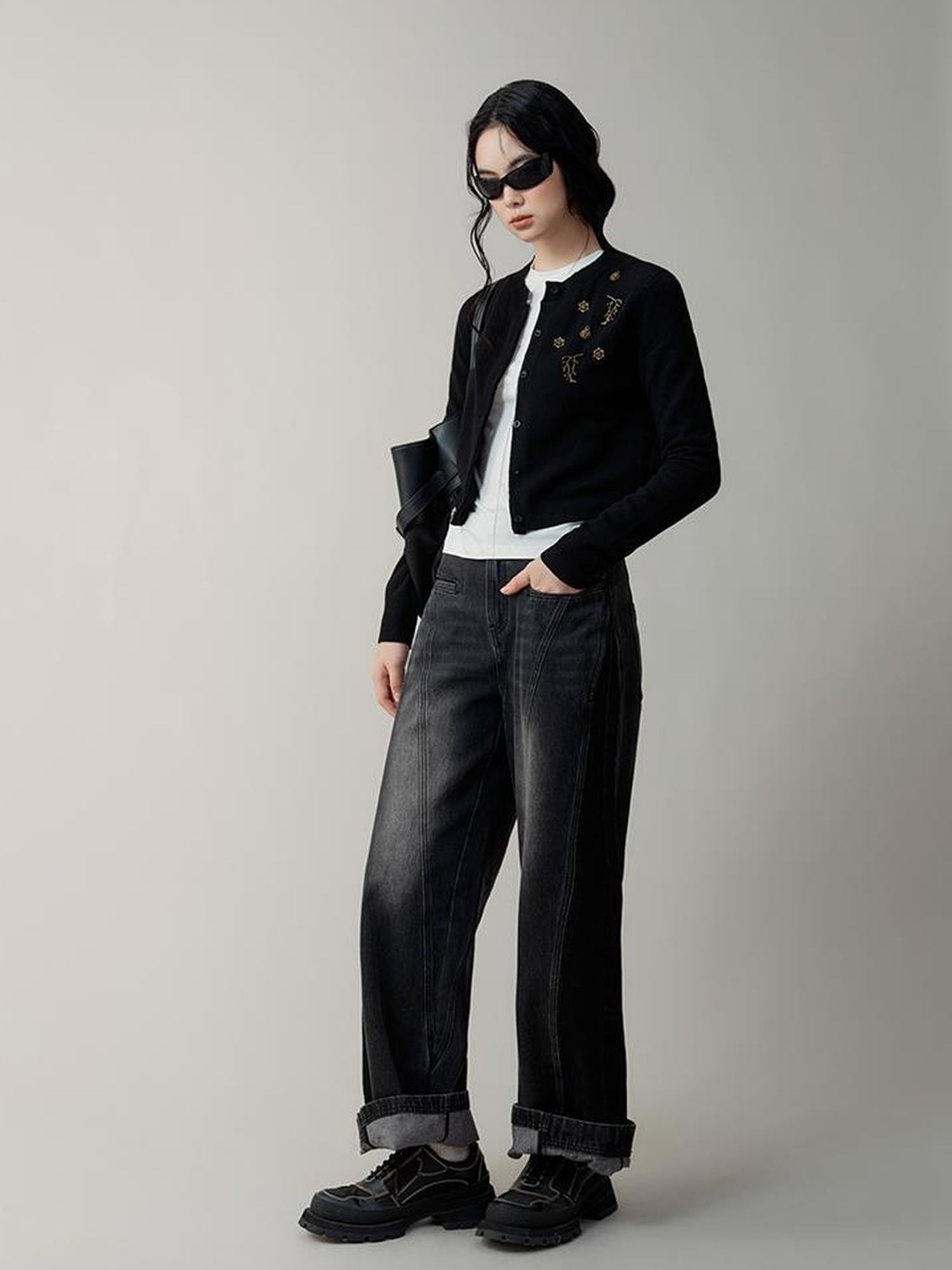 AnnoMundi Metallic Rose Wool Cardigan Asymmetrical Hem