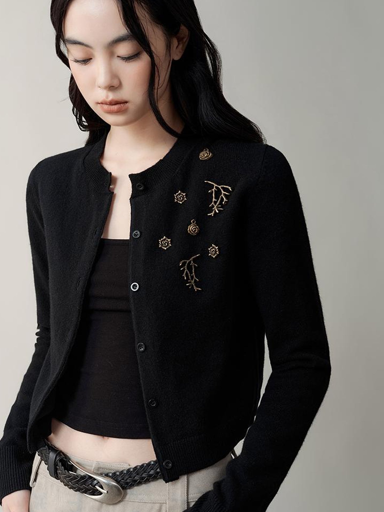 AnnoMundi Metallic Rose Wool Cardigan Asymmetrical Hem