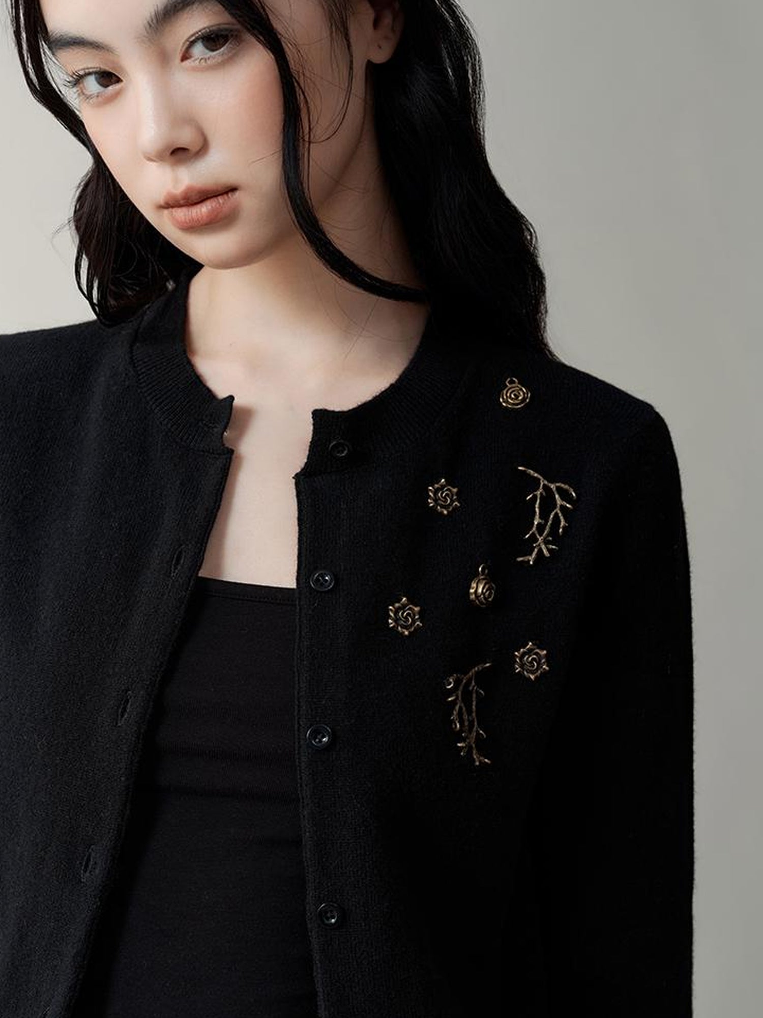 AnnoMundi Metallic Rose Wool Cardigan Asymmetrical Hem