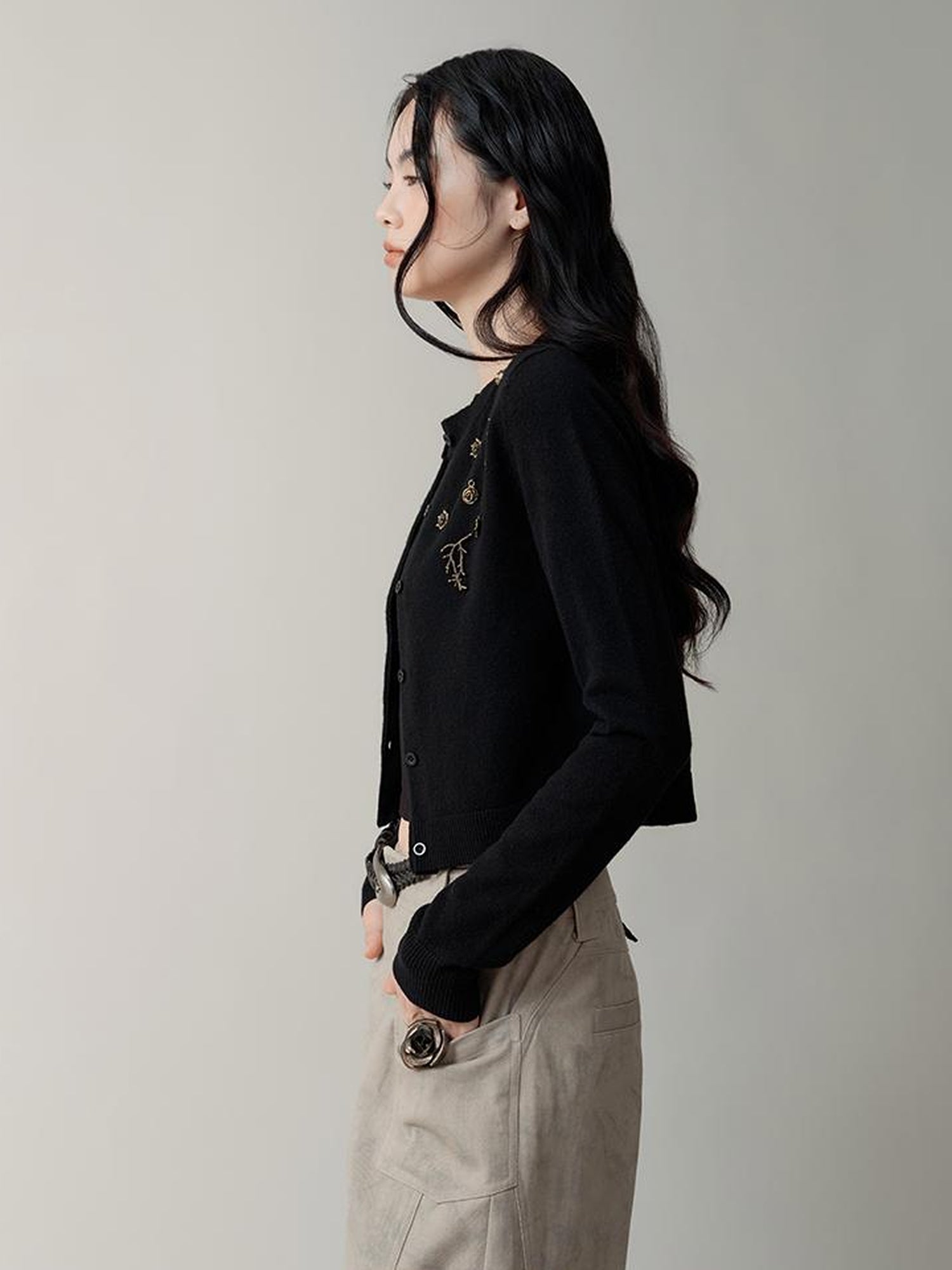 AnnoMundi Metallic Rose Wool Cardigan Asymmetrical Hem