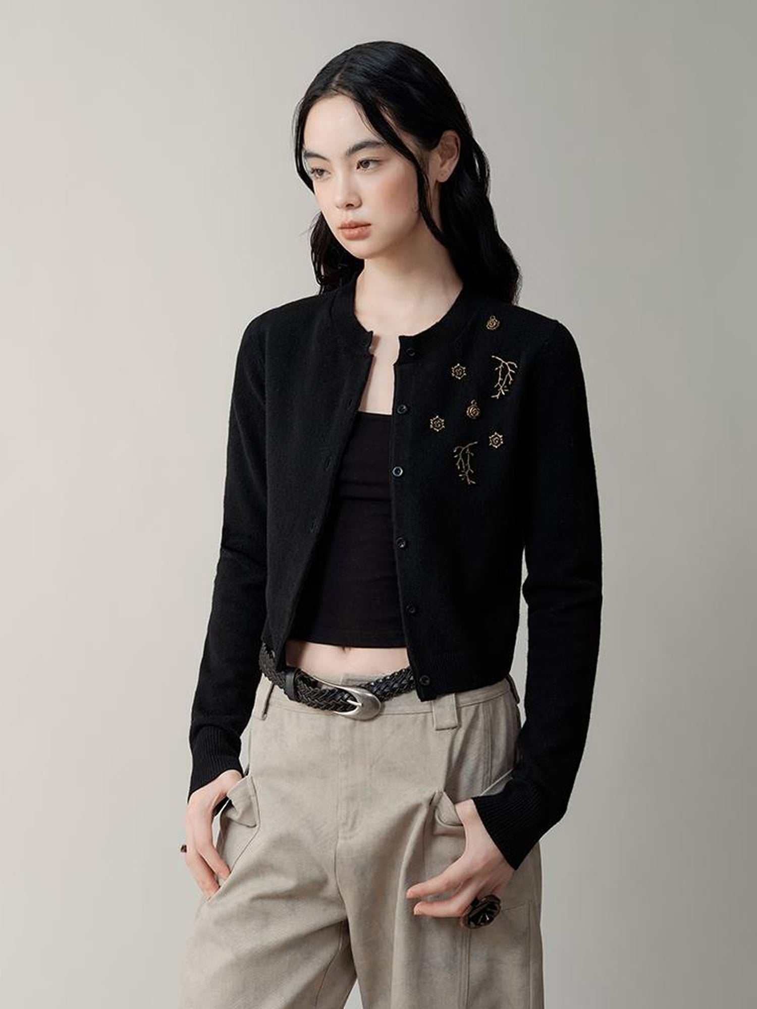 AnnoMundi Metallic Rose Wool Cardigan Asymmetrical Hem