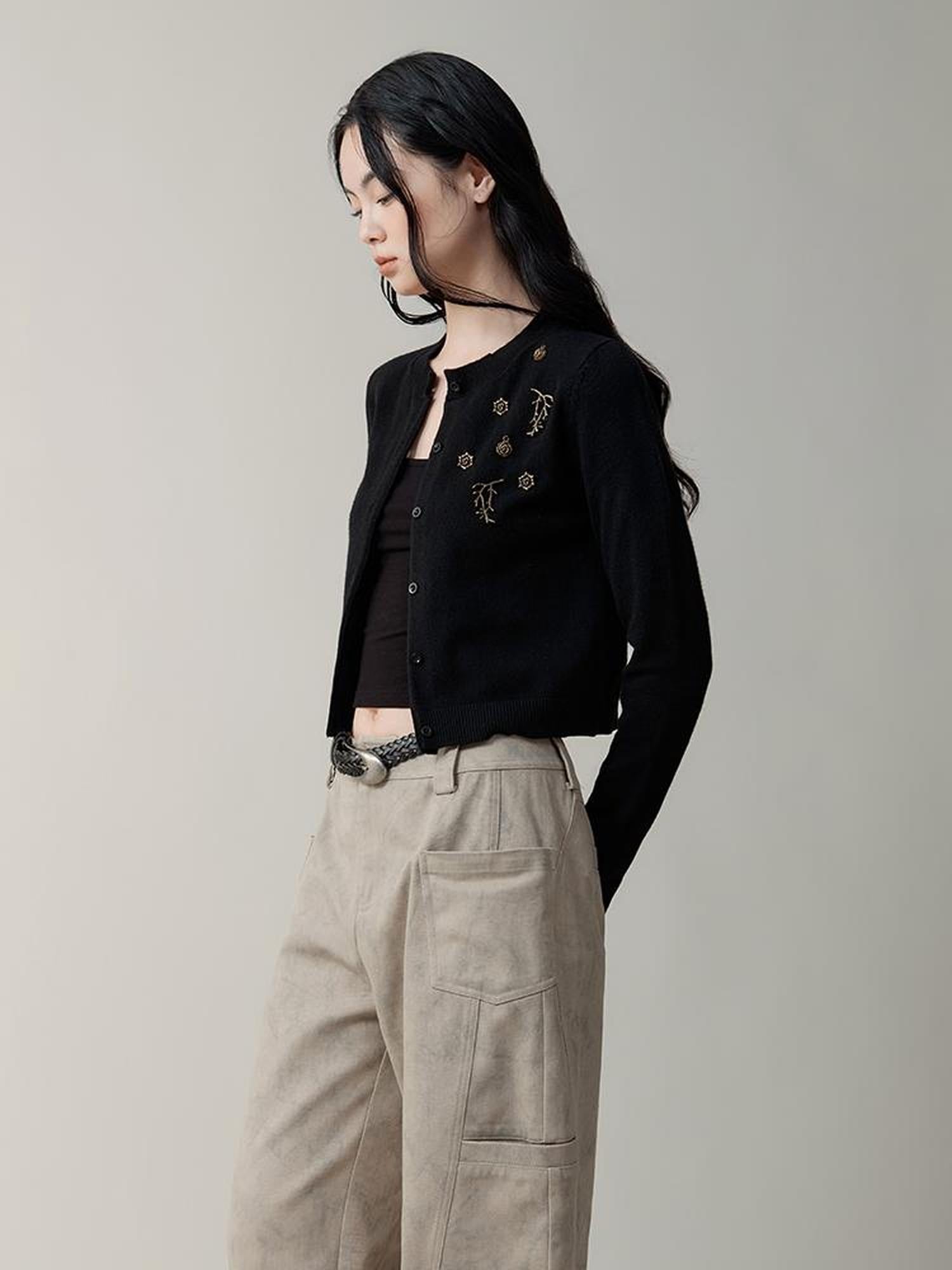 AnnoMundi Metallic Rose Wool Cardigan Asymmetrical Hem