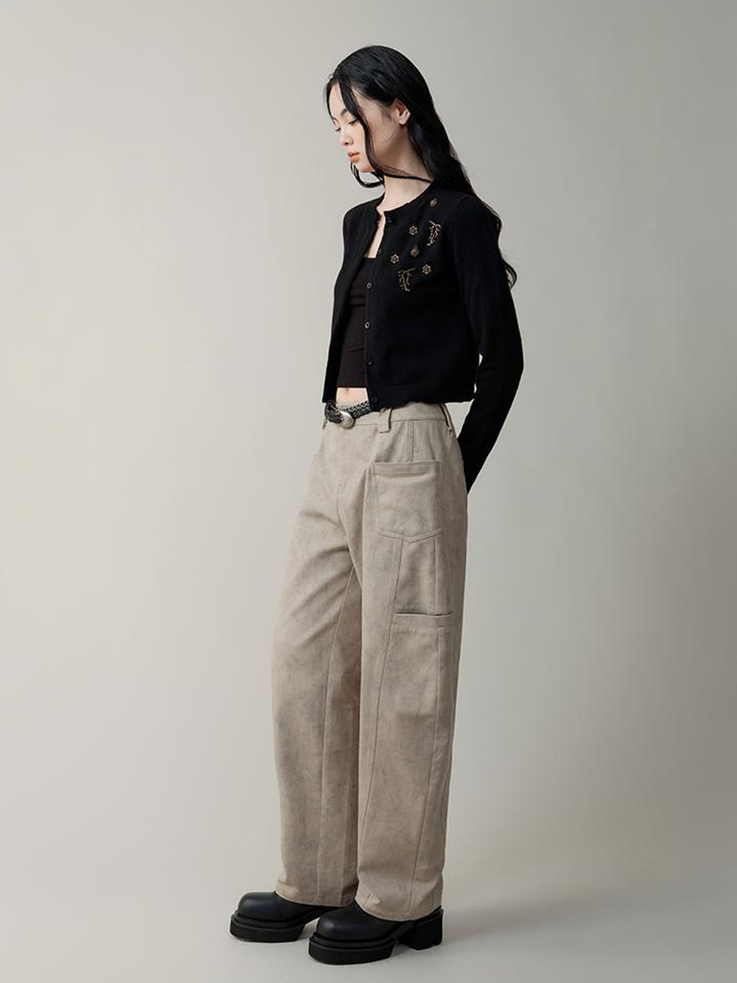 AnnoMundi Metallic Rose Wool Cardigan Asymmetrical Hem