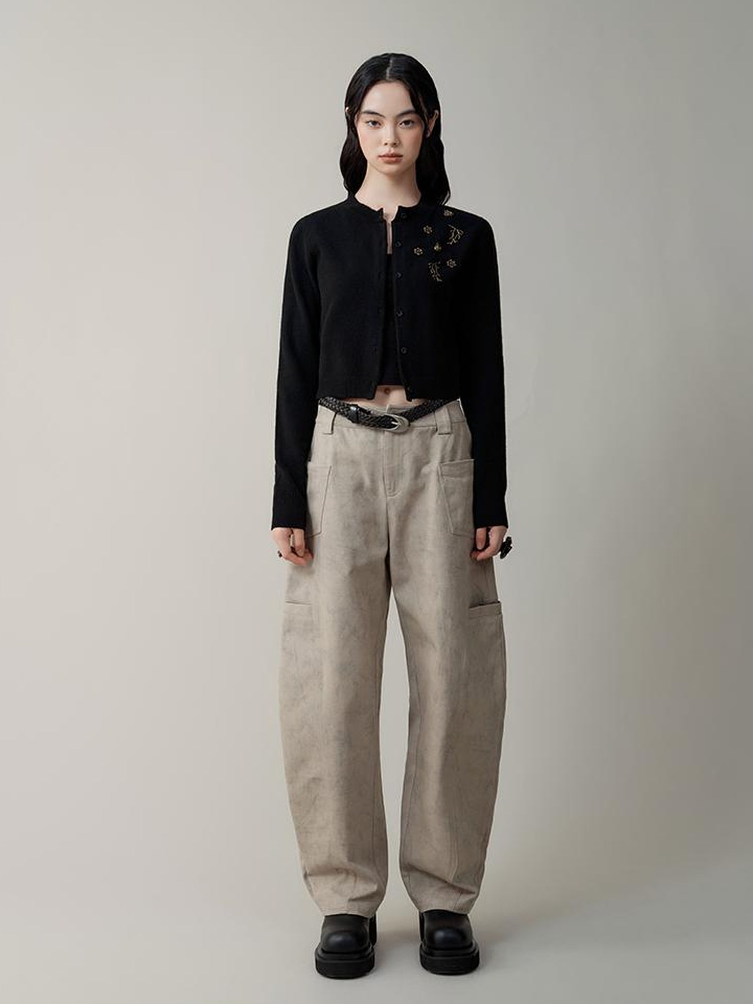 AnnoMundi Metallic Rose Wool Cardigan Asymmetrical Hem