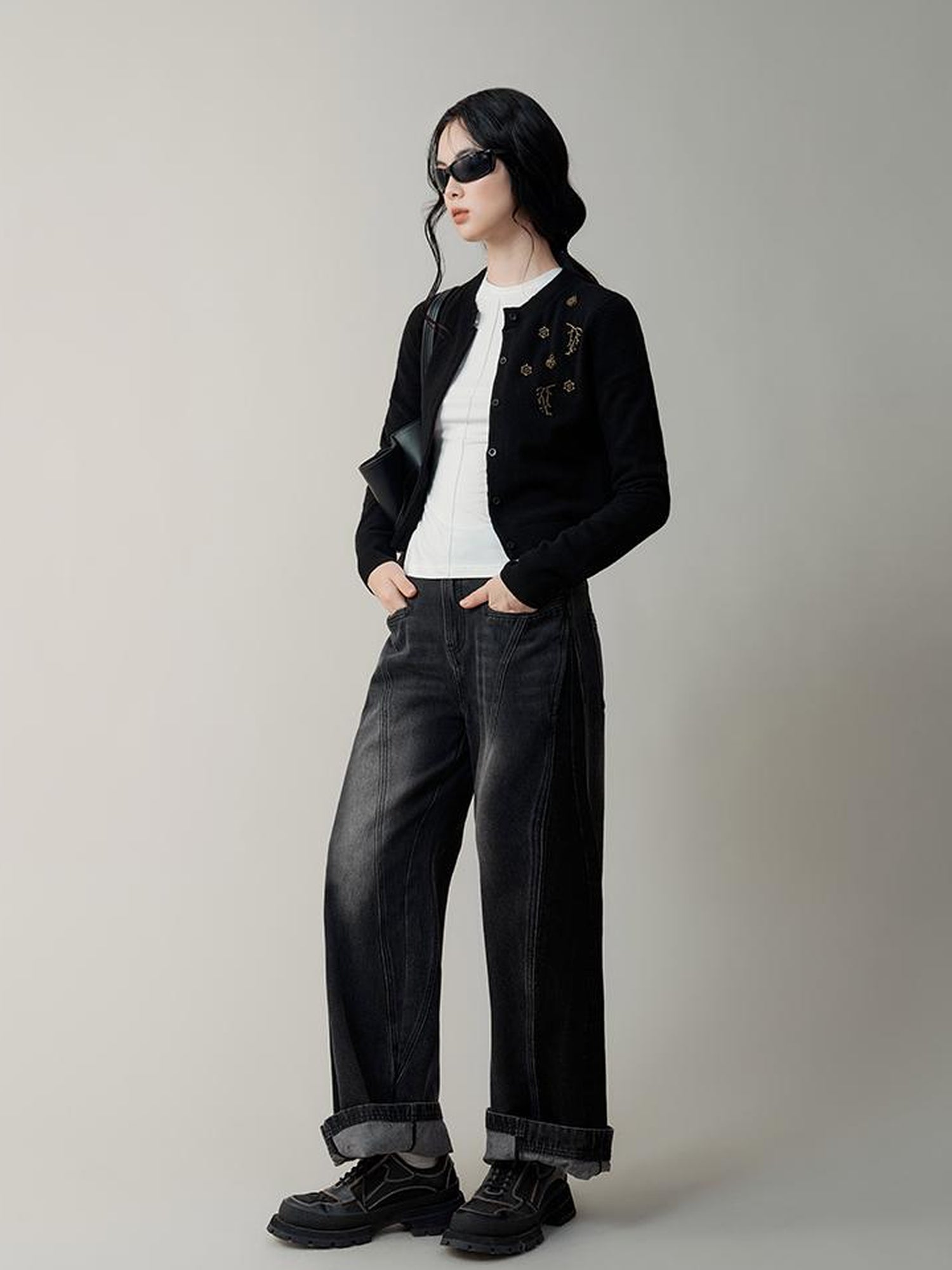 AnnoMundi Metallic Rose Wool Cardigan Asymmetrical Hem