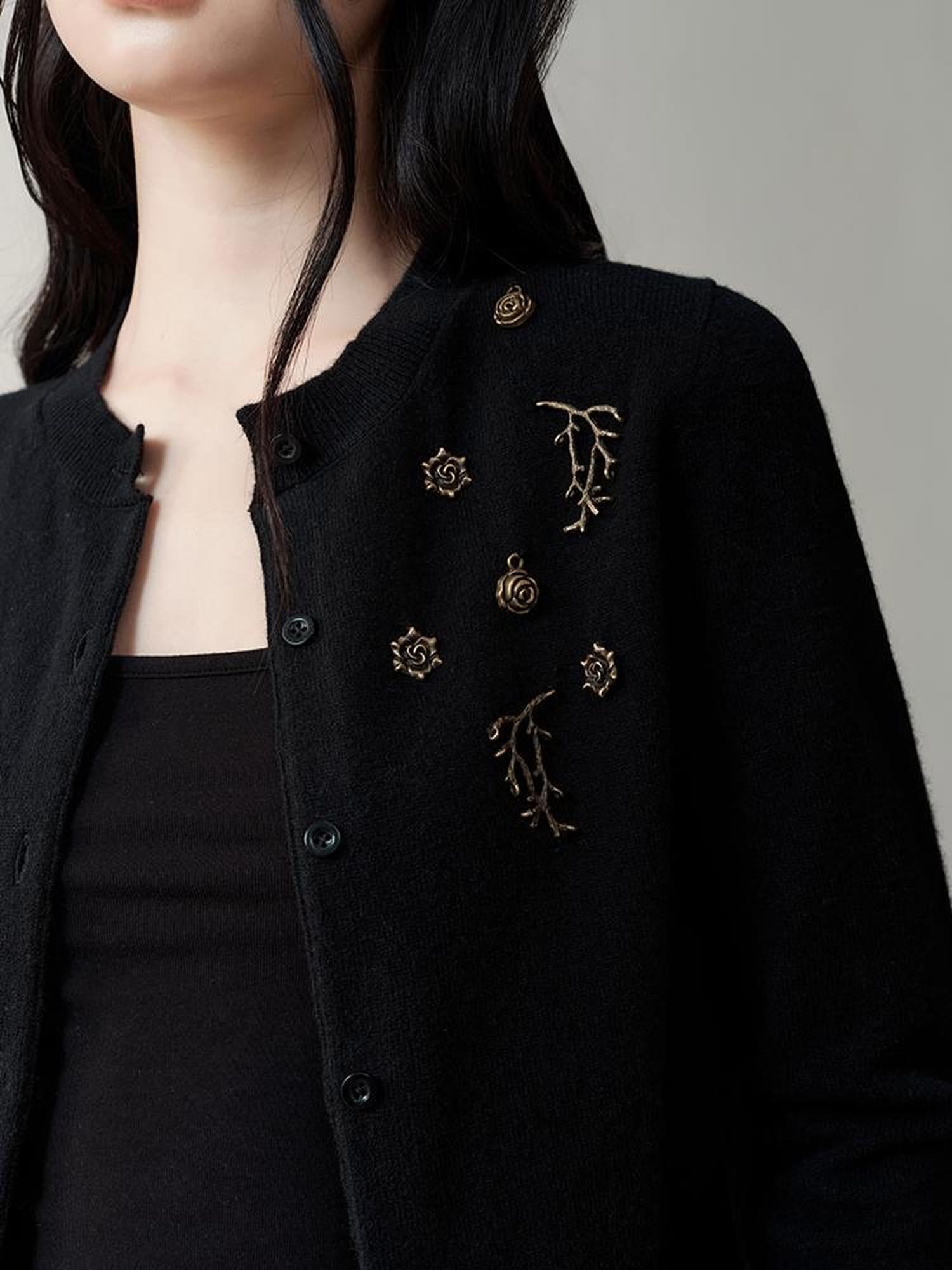 AnnoMundi Metallic Rose Wool Cardigan Asymmetrical Hem