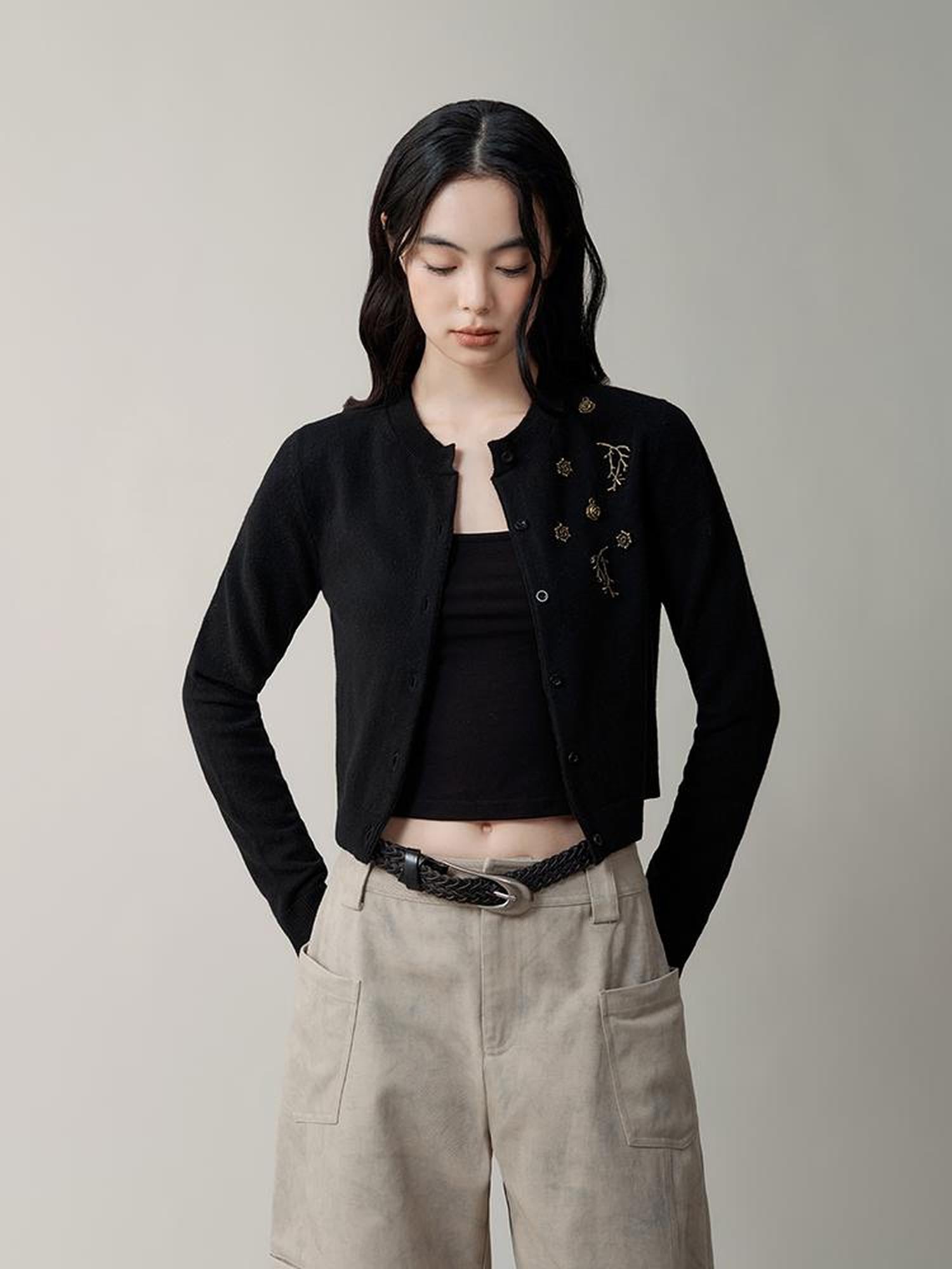 AnnoMundi Metallic Rose Wool Cardigan Asymmetrical Hem