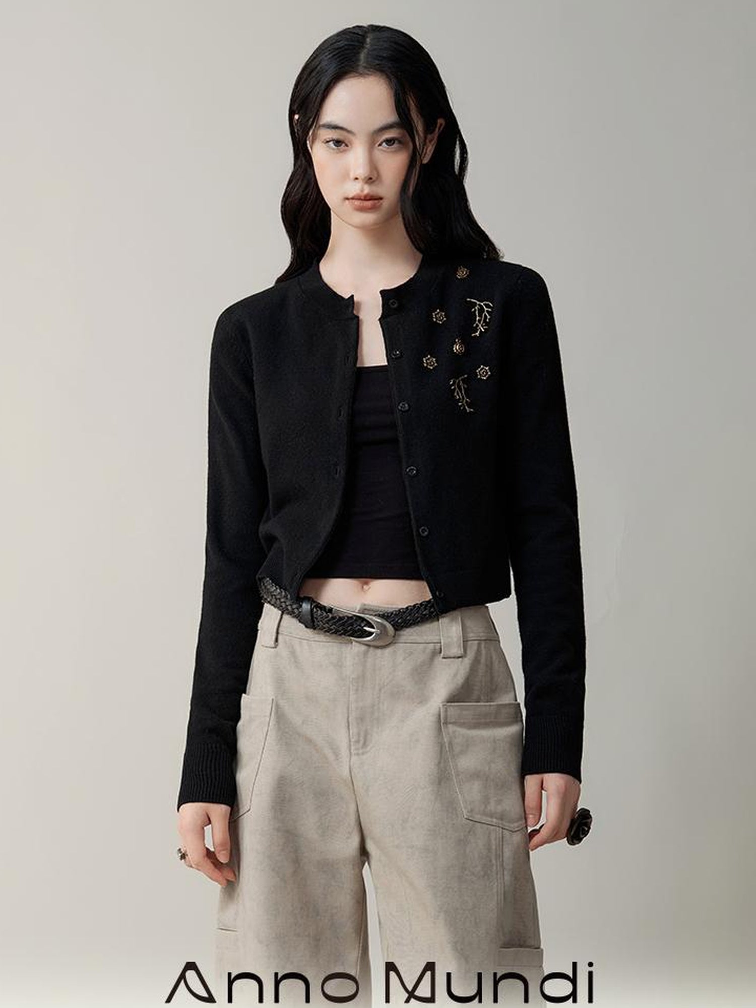 AnnoMundi Metallic Rose Wool Cardigan Asymmetrical Hem