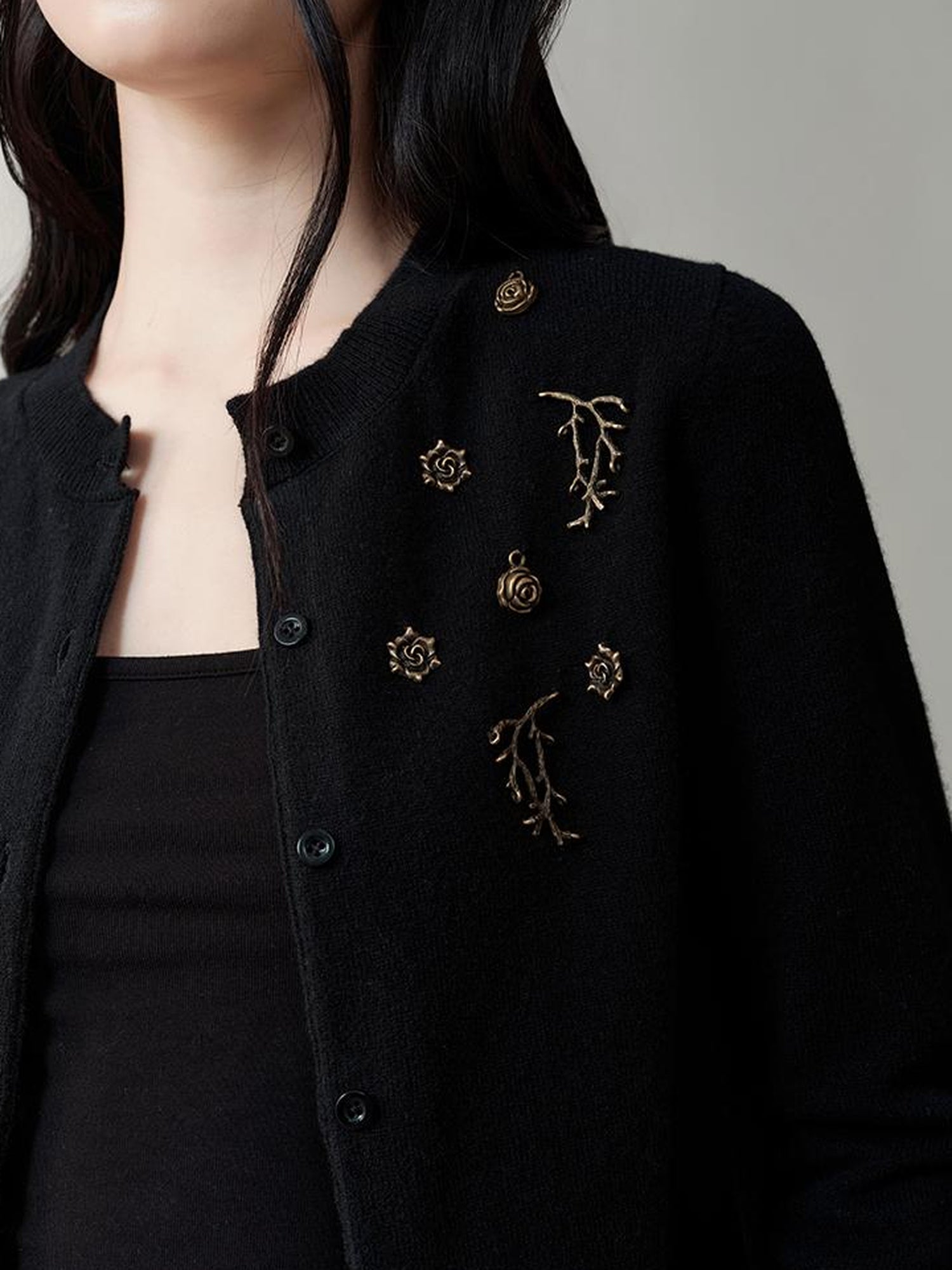 AnnoMundi Metallic Rose Wool Cardigan Asymmetrical Hem