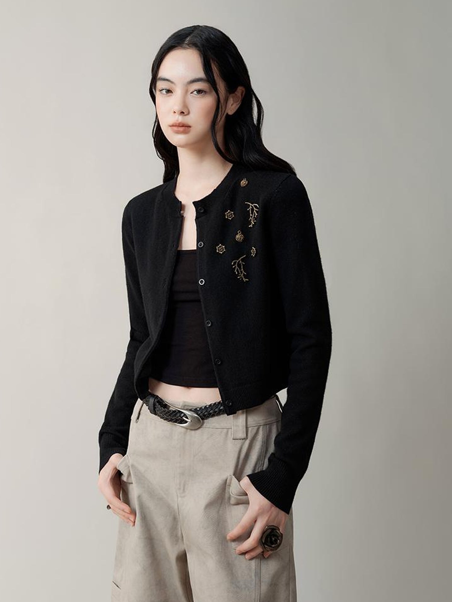 AnnoMundi Metallic Rose Wool Cardigan Asymmetrical Hem