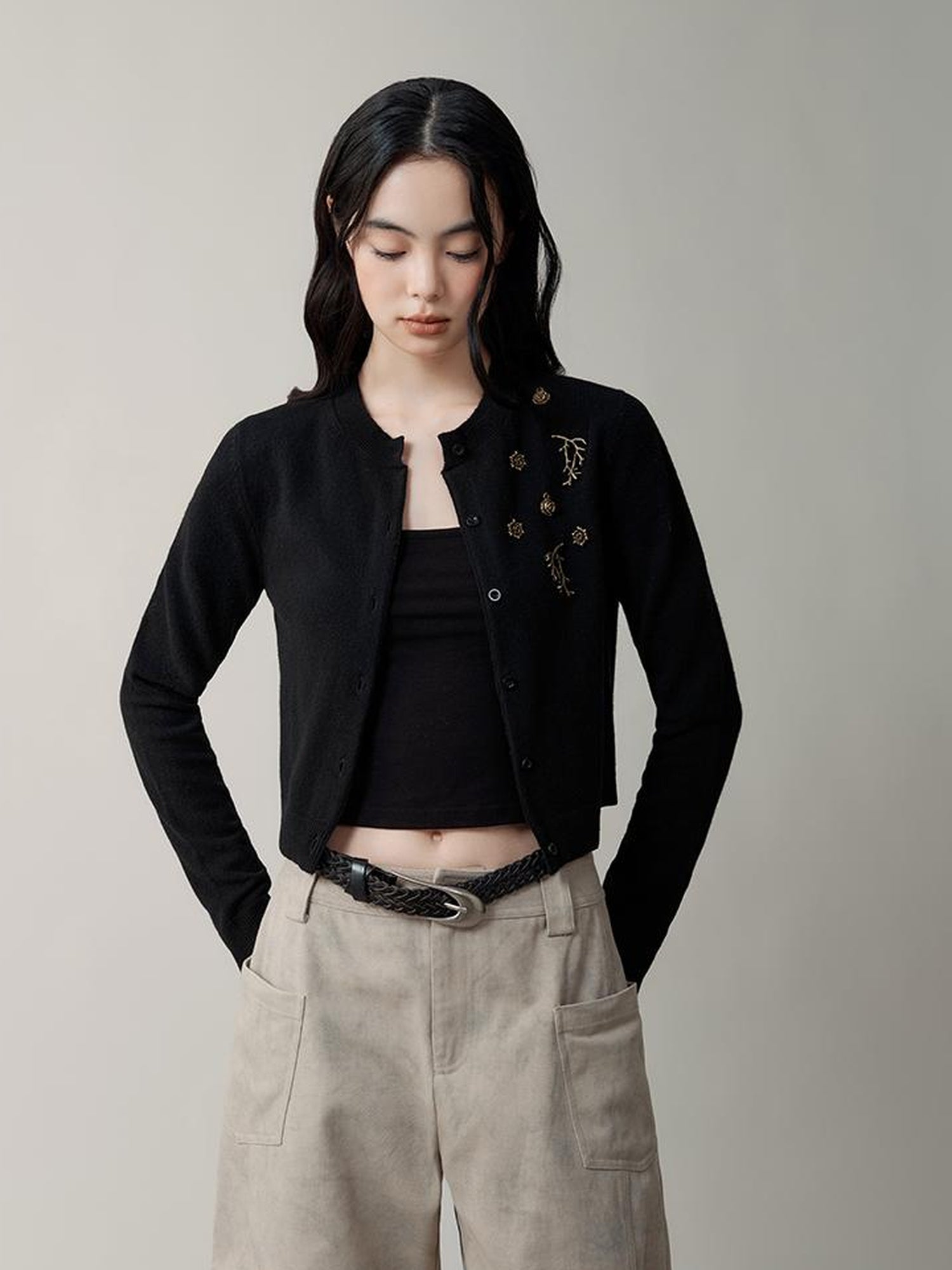 AnnoMundi Metallic Rose Wool Cardigan Asymmetrical Hem