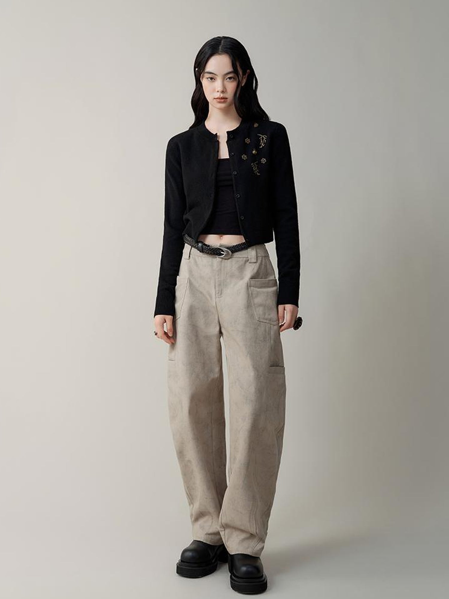 AnnoMundi Metallic Rose Wool Cardigan Asymmetrical Hem