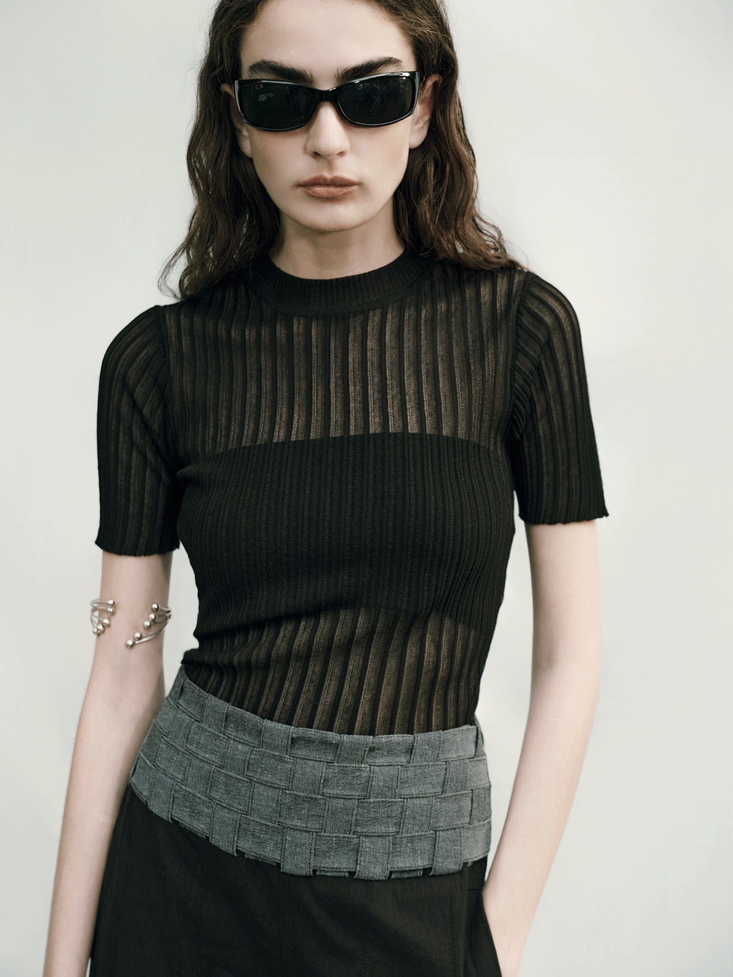 AnnoMundi Micro Textured Ribbed Knit Top V-Neck T-Shirt Long Sleeve