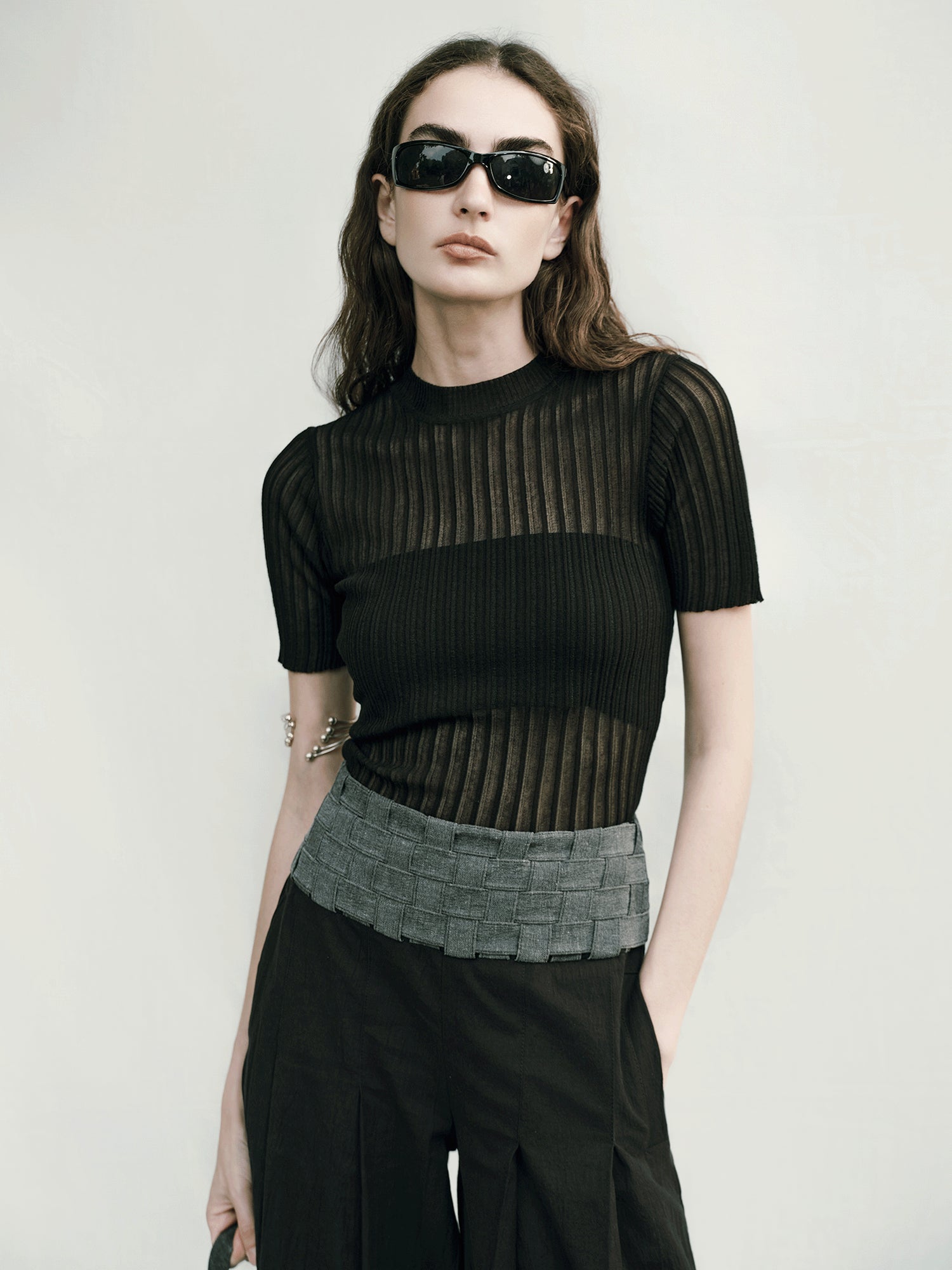 AnnoMundi Micro Textured Ribbed Knit Top V-Neck T-Shirt Long Sleeve