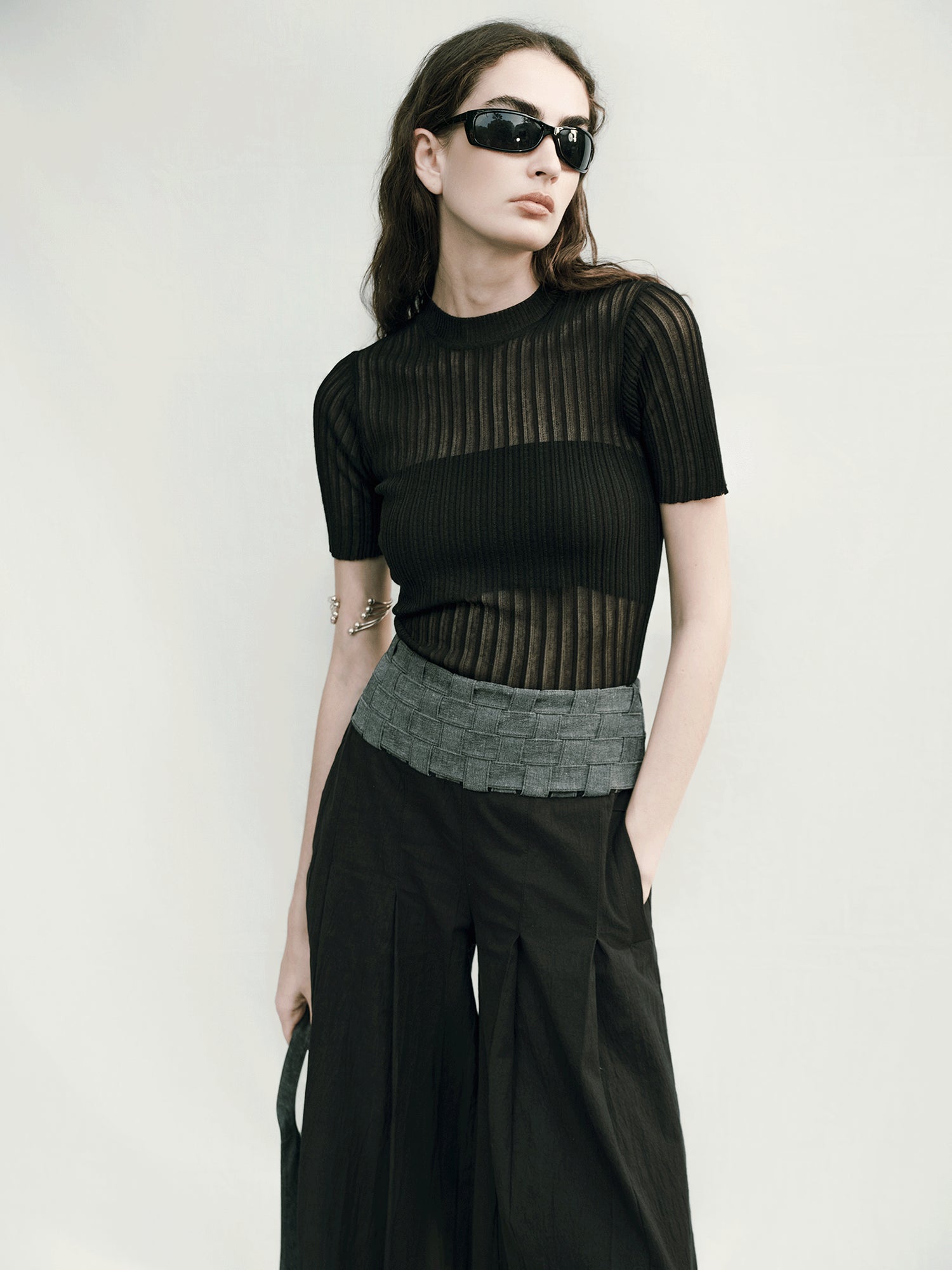 AnnoMundi Micro Textured Ribbed Knit Top V-Neck T-Shirt Long Sleeve