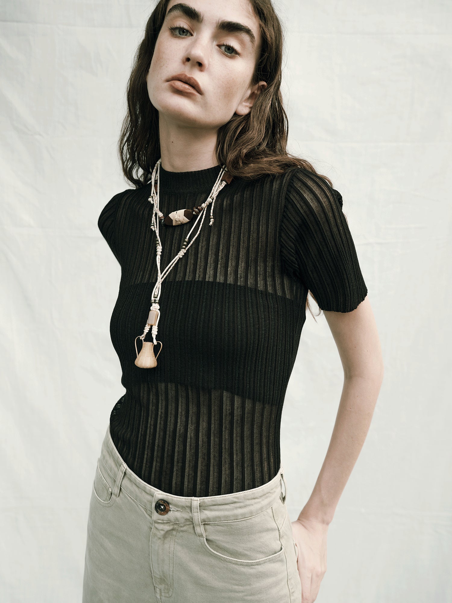 AnnoMundi Micro Textured Ribbed Knit Top V-Neck T-Shirt Long Sleeve