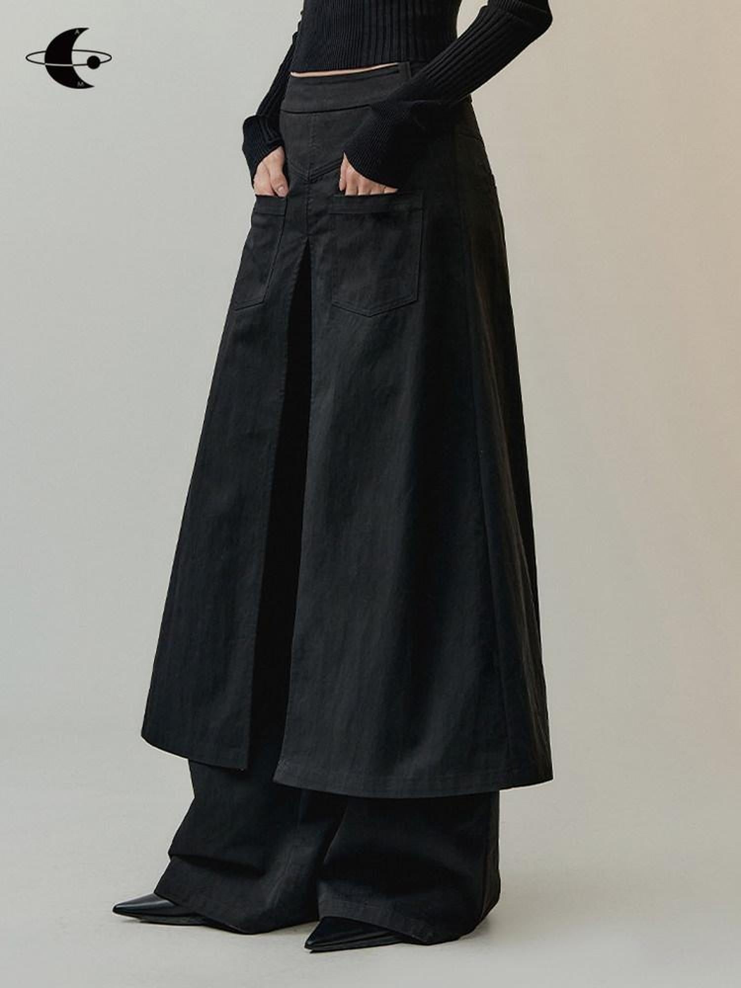 AnnoMundi Mid High Waist Deconstructed Cargo Wide Leg Unisex Black Cotton Blend Pants