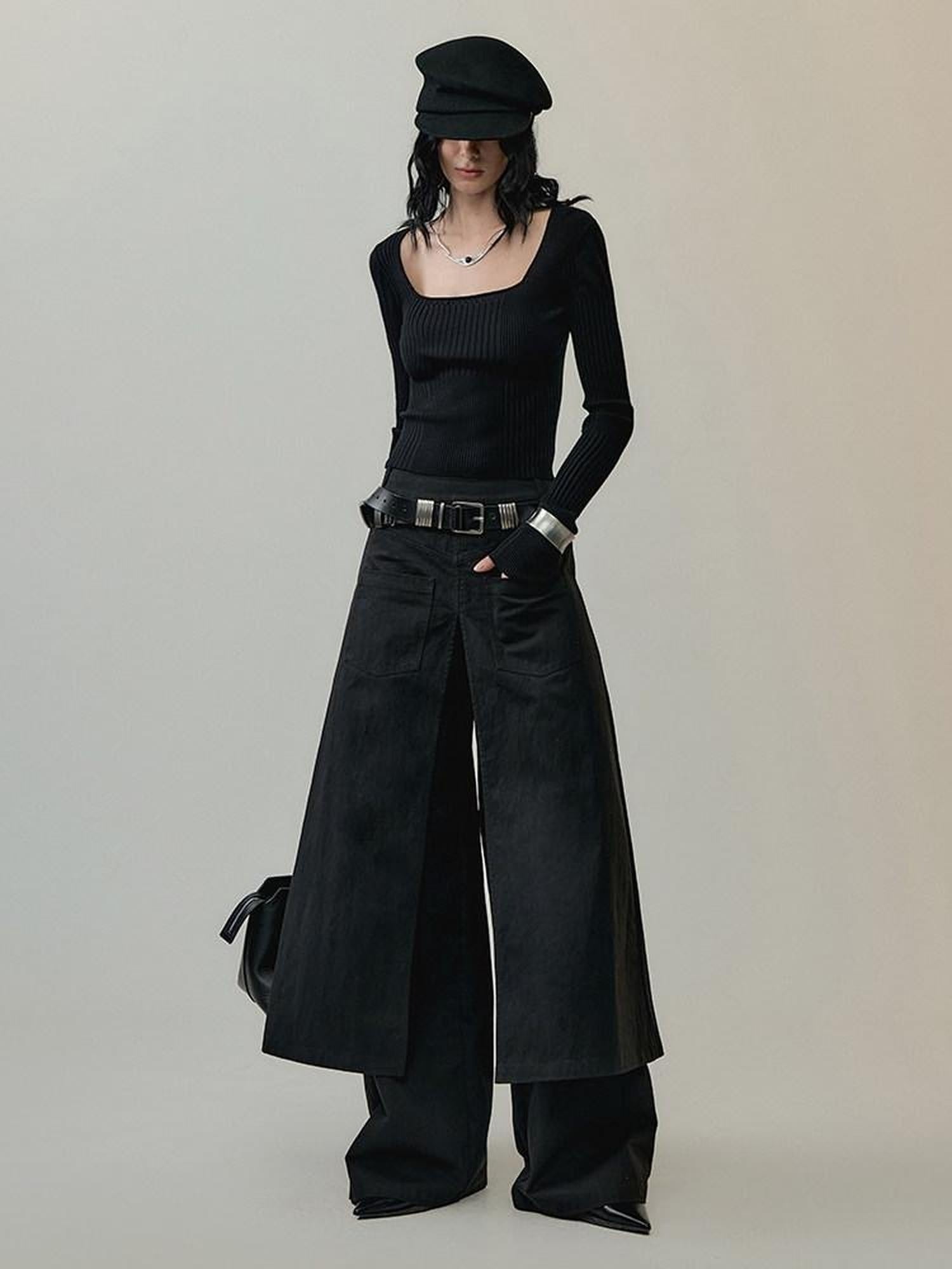 AnnoMundi Mid High Waist Deconstructed Cargo Wide Leg Unisex Black Cotton Blend Pants